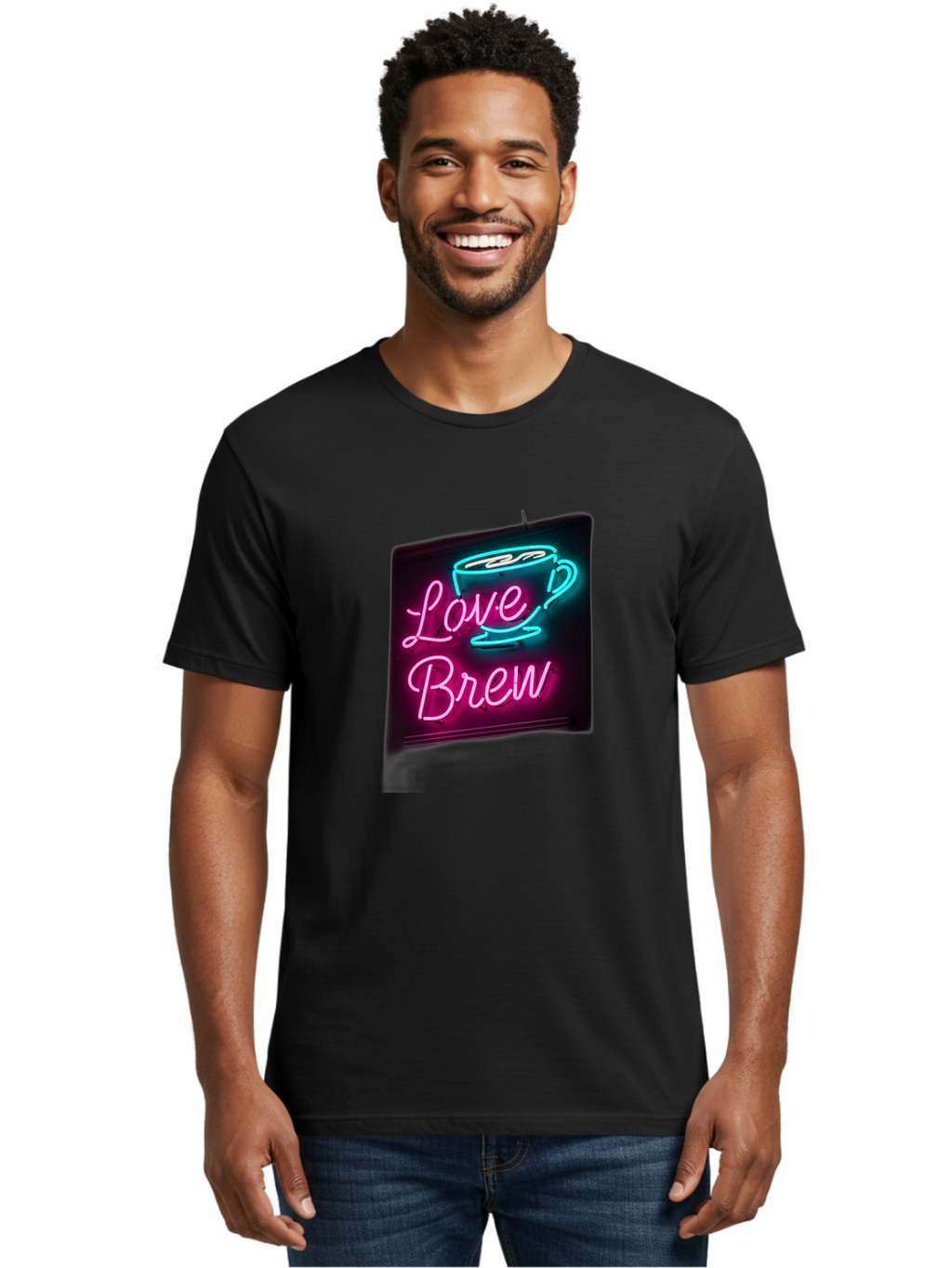 Love-Brew Men'S Graphic Tee, 100% Cotton, Comfortable Casual Summer Wear, Machine Washable, Neon Sign, Coffee Cup, Love Brew, Coffee Culture, Cafe Ambiance, Retro Advertisement, Nostalgic Decor, Coffee Lover, Vibrant Neon Lights, Baa933