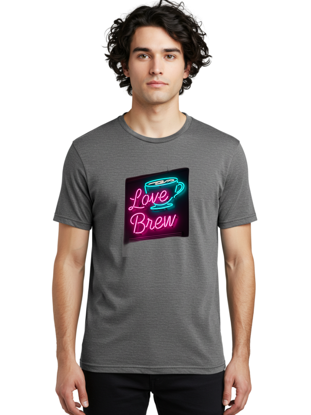 Love-Brew Men'S Graphic Tee, 100% Cotton, Comfortable Casual Summer Wear, Machine Washable, Neon Sign, Coffee Cup, Love Brew, Coffee Culture, Cafe Ambiance, Retro Advertisement, Nostalgic Decor, Coffee Lover, Vibrant Neon Lights, Baa933