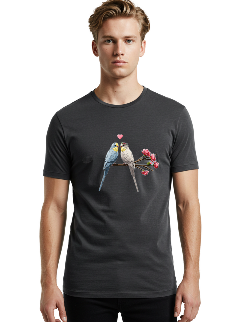 Lovebirds Men'S Graphic Tee, 100% Cotton, Comfortable Casual Summer Wear, Machine Washable, Low Poly Lovebirds, Pink Flowers, Couple Birds, Love Heart, Tender Moment, Geometric Art, Pastel Colors, Romantic Scene, Valentine'S Day Baa934