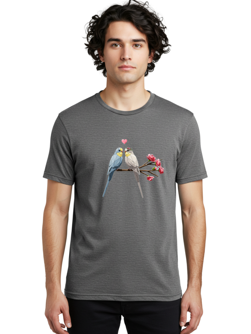 Lovebirds Men'S Graphic Tee, 100% Cotton, Comfortable Casual Summer Wear, Machine Washable, Low Poly Lovebirds, Pink Flowers, Couple Birds, Love Heart, Tender Moment, Geometric Art, Pastel Colors, Romantic Scene, Valentine'S Day Baa934