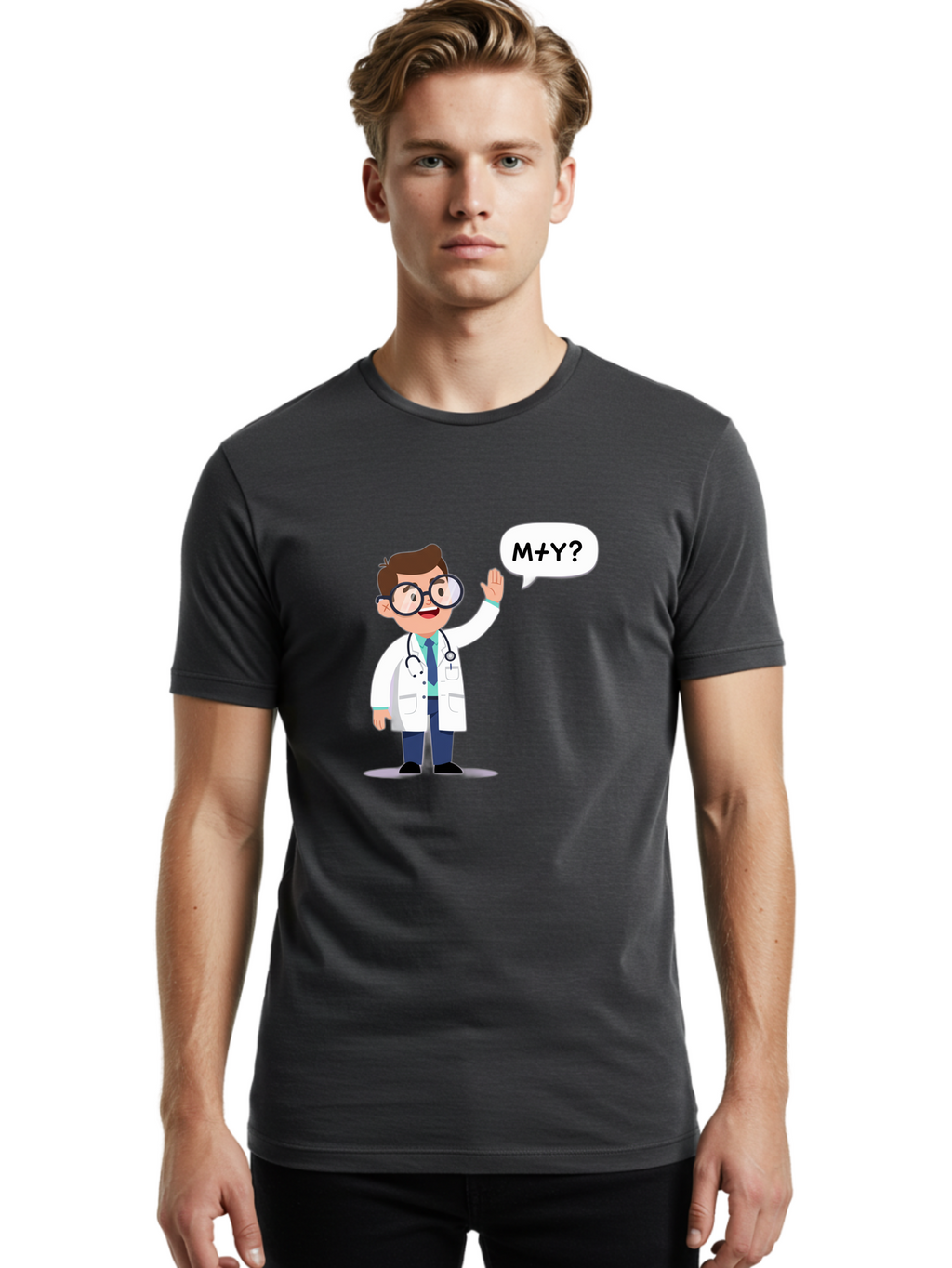 M-Y-Doctor Men'S Graphic Tee, 100% Cotton, Comfortable Casual Summer Wear, Machine Washable, Cartoon Doctor, Medical Professional, Stethoscope, White Coat, Blue Tie, Black Glasses, Waving Hand, Speech Bubble, M+Y?, Doctor Character, Baa935