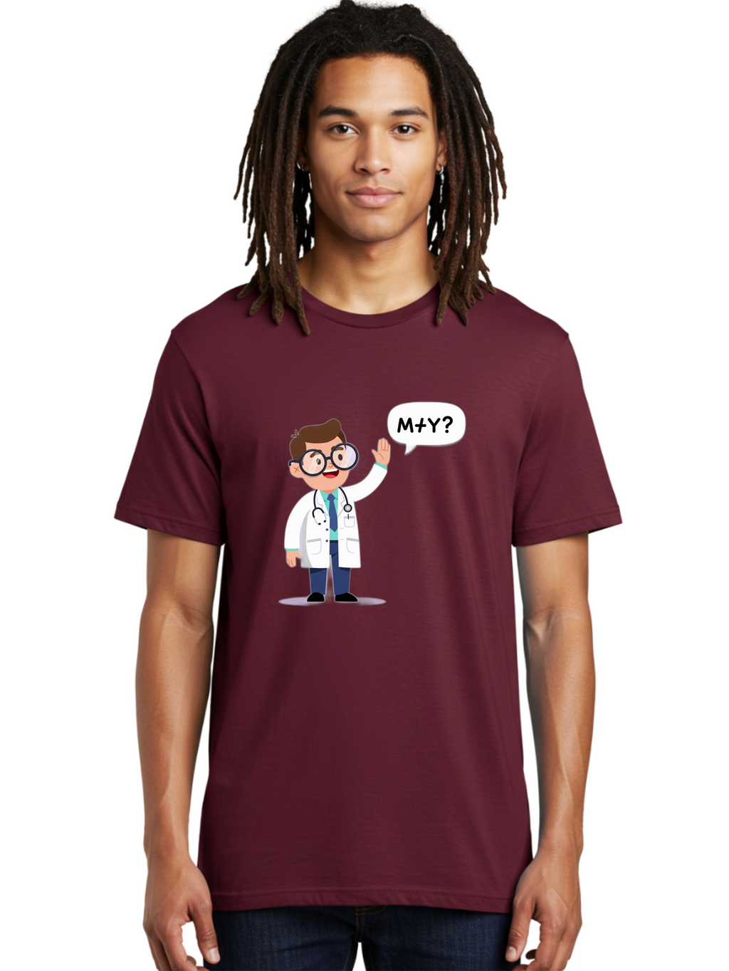 M-Y-Doctor Men'S Graphic Tee, 100% Cotton, Comfortable Casual Summer Wear, Machine Washable, Cartoon Doctor, Medical Professional, Stethoscope, White Coat, Blue Tie, Black Glasses, Waving Hand, Speech Bubble, M+Y?, Doctor Character, Baa935