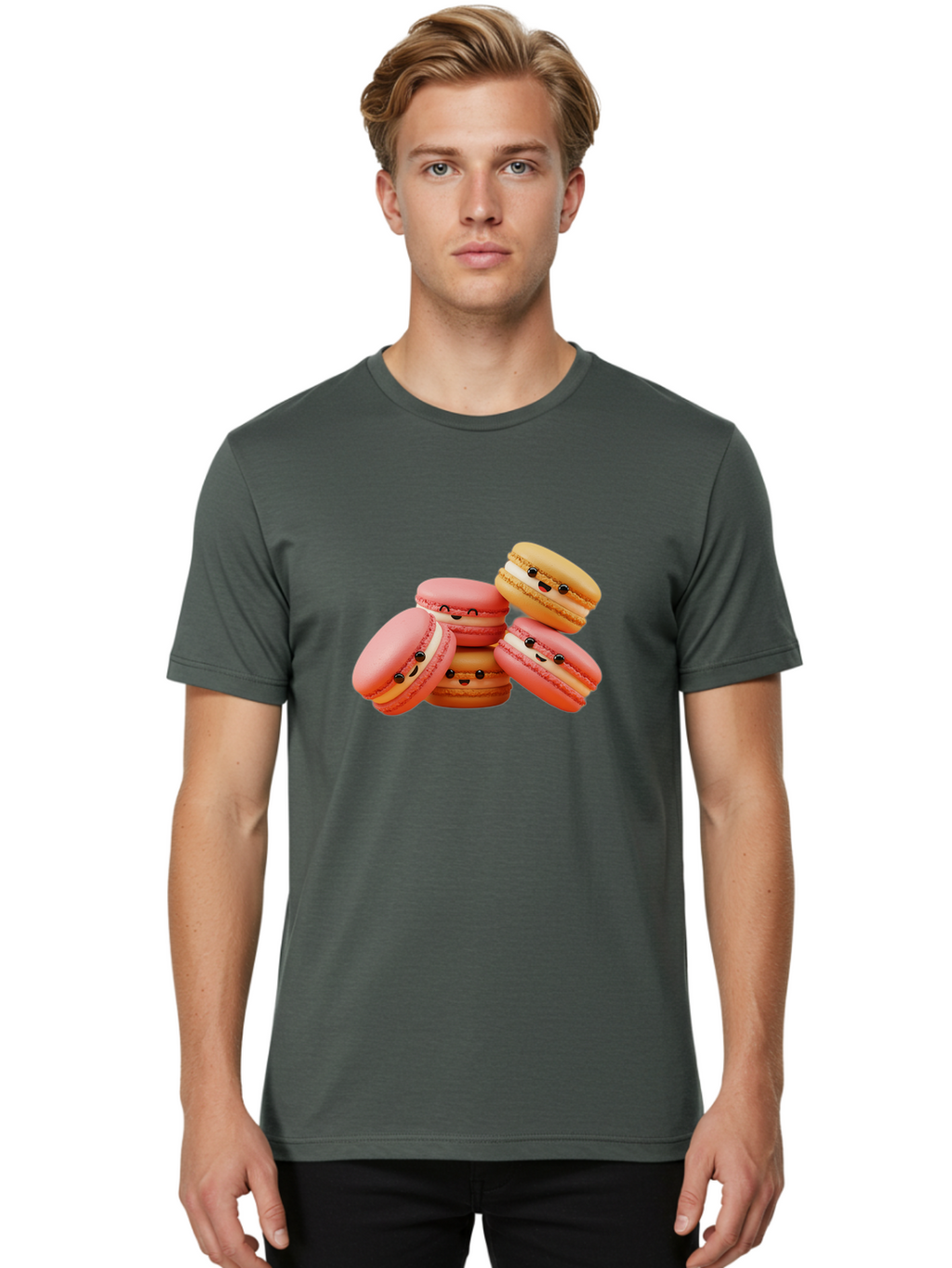 Macaron-Faces Men'S Graphic Tee, 100% Cotton, Comfortable Casual Summer Wear, Machine Washable, Pink Macarons, Smiling Faces, Cartoon-Style Desserts, Adorable Treats, French Patisserie, Sweet Delights, Happy Emotions, Cute Pastries, Baa936