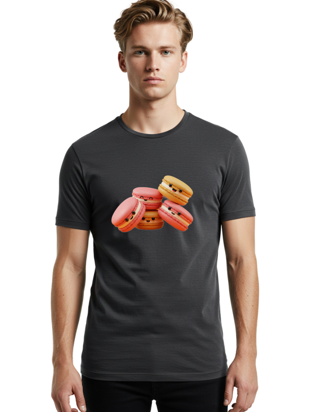Macaron-Faces Men'S Graphic Tee, 100% Cotton, Comfortable Casual Summer Wear, Machine Washable, Pink Macarons, Smiling Faces, Cartoon-Style Desserts, Adorable Treats, French Patisserie, Sweet Delights, Happy Emotions, Cute Pastries, Baa936