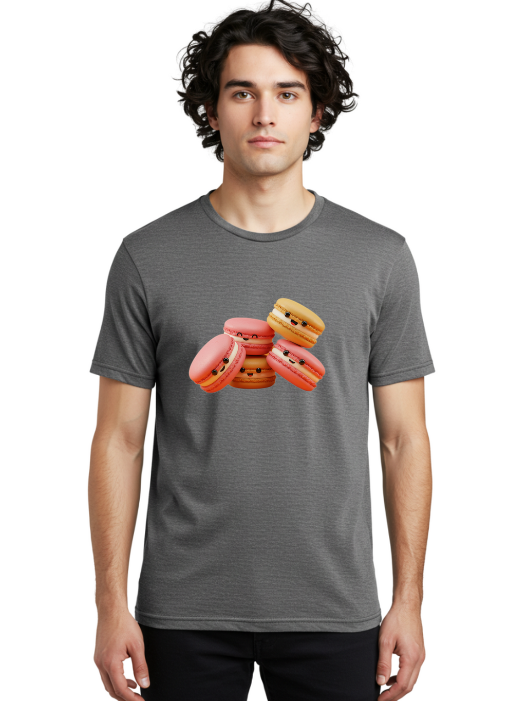 Macaron-Faces Men'S Graphic Tee, 100% Cotton, Comfortable Casual Summer Wear, Machine Washable, Pink Macarons, Smiling Faces, Cartoon-Style Desserts, Adorable Treats, French Patisserie, Sweet Delights, Happy Emotions, Cute Pastries, Baa936