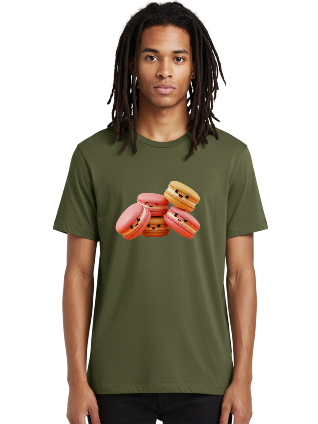 Macaron-Faces Men'S Graphic Tee, 100% Cotton, Comfortable Casual Summer Wear, Machine Washable, Pink Macarons, Smiling Faces, Cartoon-Style Desserts, Adorable Treats, French Patisserie, Sweet Delights, Happy Emotions, Cute Pastries, Baa936
