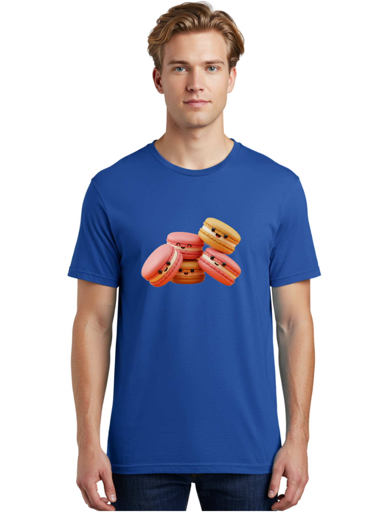 Macaron-Faces Men'S Graphic Tee, 100% Cotton, Comfortable Casual Summer Wear, Machine Washable, Pink Macarons, Smiling Faces, Cartoon-Style Desserts, Adorable Treats, French Patisserie, Sweet Delights, Happy Emotions, Cute Pastries, Baa936
