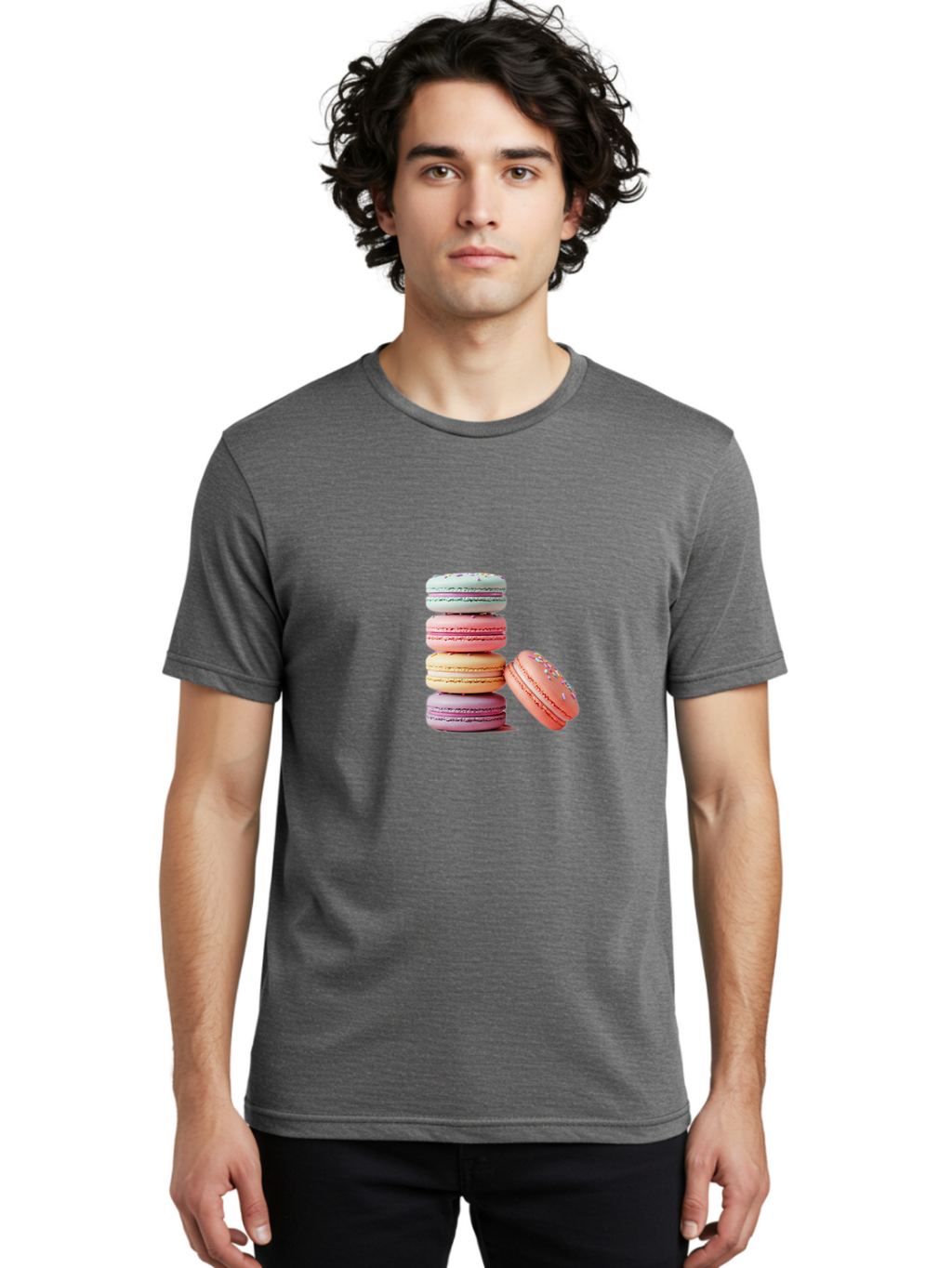 Macaron-Stack-1 Men'S Graphic Tee, 100% Cotton, Comfortable Casual Summer Wear, Machine Washable, Pastel-Colored Macarons, Stacked Macarons, Colorful Dessert, Sweet Treats, Macaron Stack, Vibrant Colors, Sweet Macarons, French Patisserie Baa937