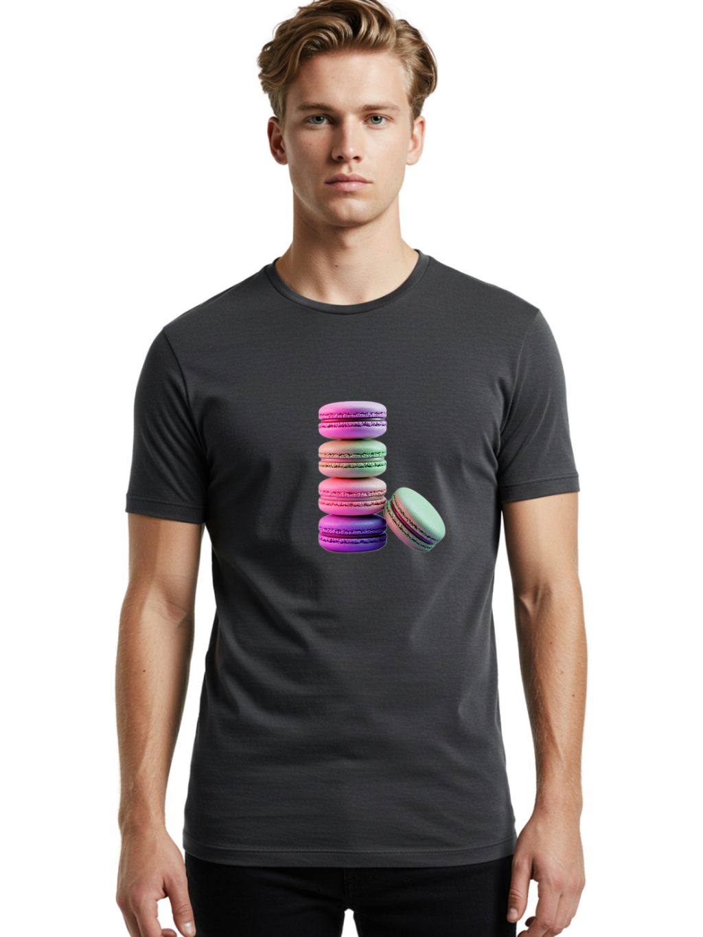 Macaron-Tower-1 Men'S Graphic Tee, 100% Cotton, Comfortable Casual Summer Wear, Machine Washable, Stacked Macarons, Colorful Treats, French Desserts, Sweet Indulgences, Pastel Colors, Layered Cookies, Creamy Fillings, Dessert Photography Baa939