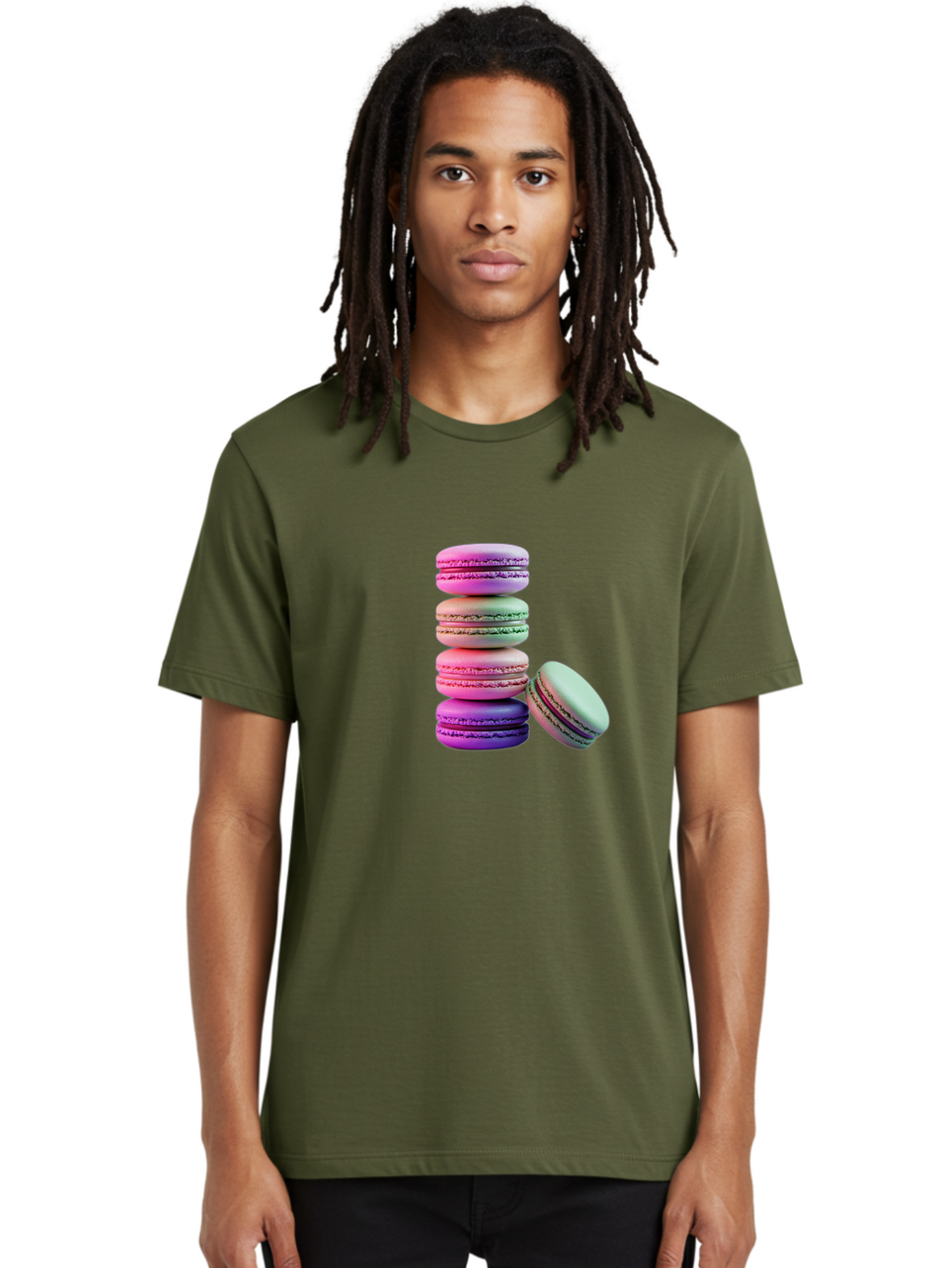 Macaron-Tower-1 Men'S Graphic Tee, 100% Cotton, Comfortable Casual Summer Wear, Machine Washable, Stacked Macarons, Colorful Treats, French Desserts, Sweet Indulgences, Pastel Colors, Layered Cookies, Creamy Fillings, Dessert Photography Baa939