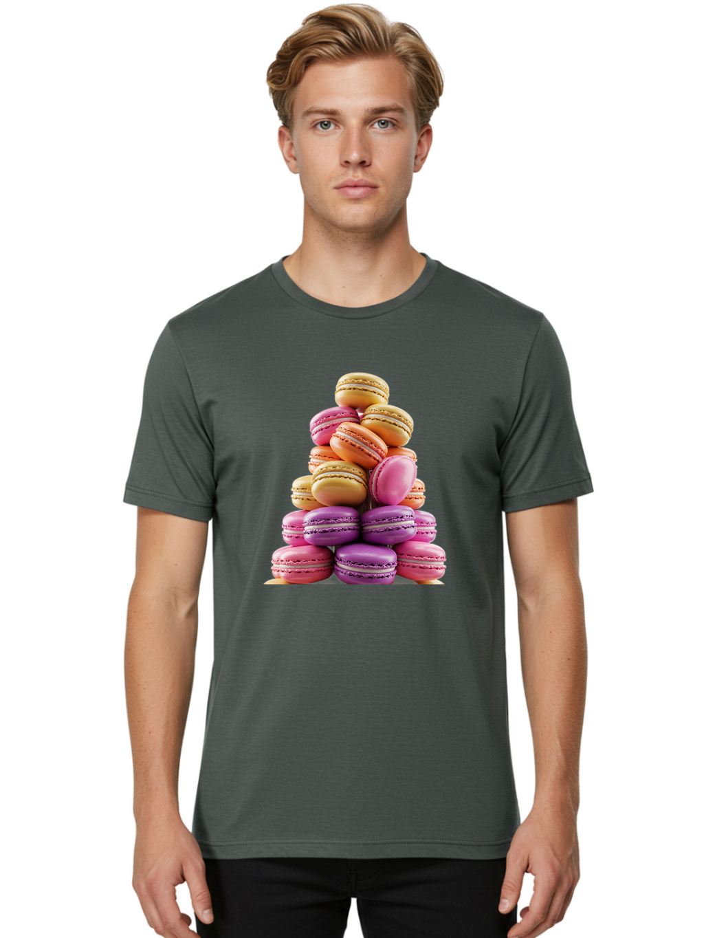 Macaron-Tower-2 Men'S Graphic Tee, 100% Cotton, Comfortable Casual Summer Wear, Machine Washable, Stack Of Macarons, Colorful Macarons, Pastel Colors, Dessert Display, Sweet Treats, French Patisserie, Macaron Stack, Pastel Pink, Purple, Baa940