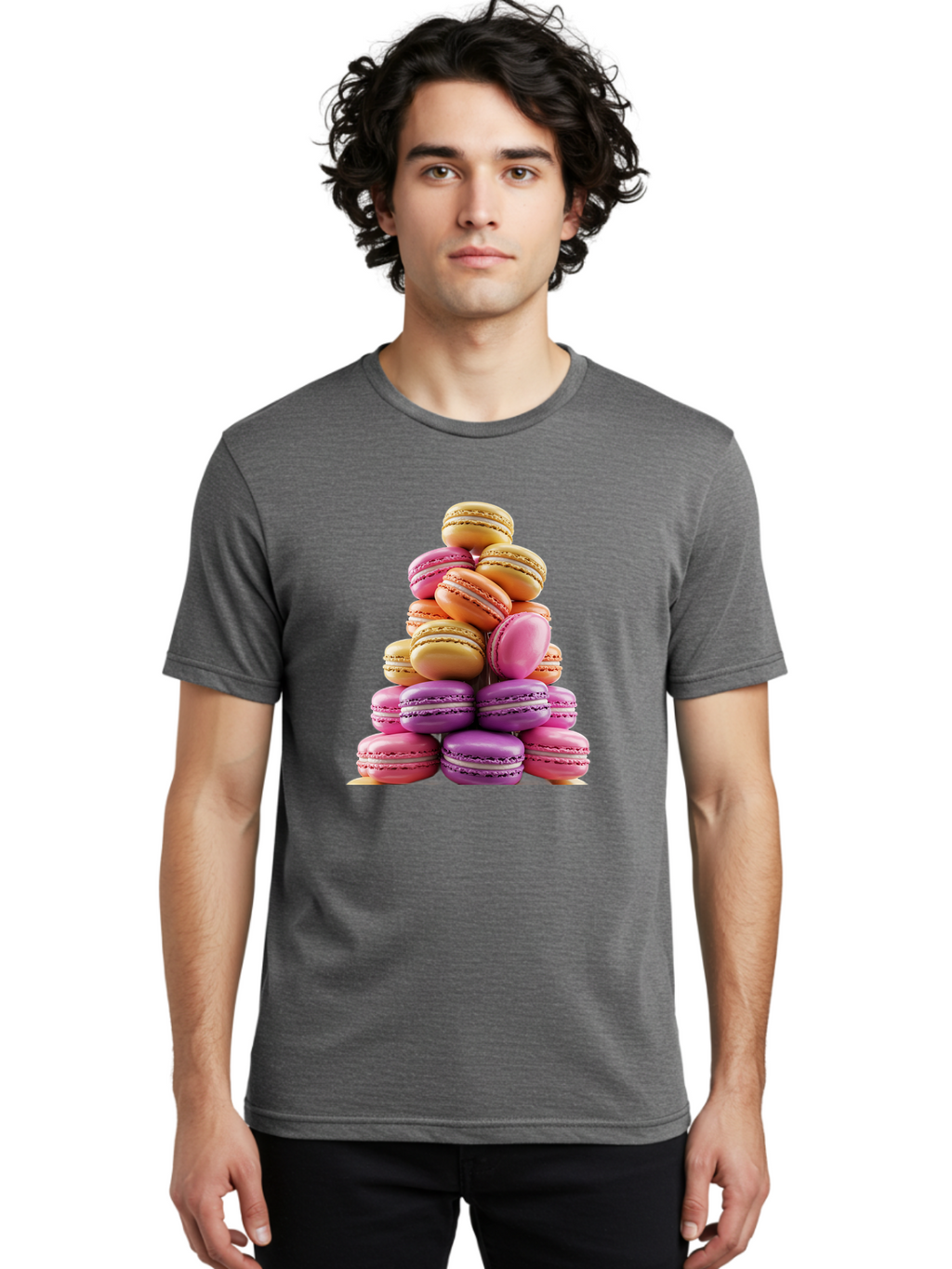 Macaron-Tower-2 Men'S Graphic Tee, 100% Cotton, Comfortable Casual Summer Wear, Machine Washable, Stack Of Macarons, Colorful Macarons, Pastel Colors, Dessert Display, Sweet Treats, French Patisserie, Macaron Stack, Pastel Pink, Purple, Baa940