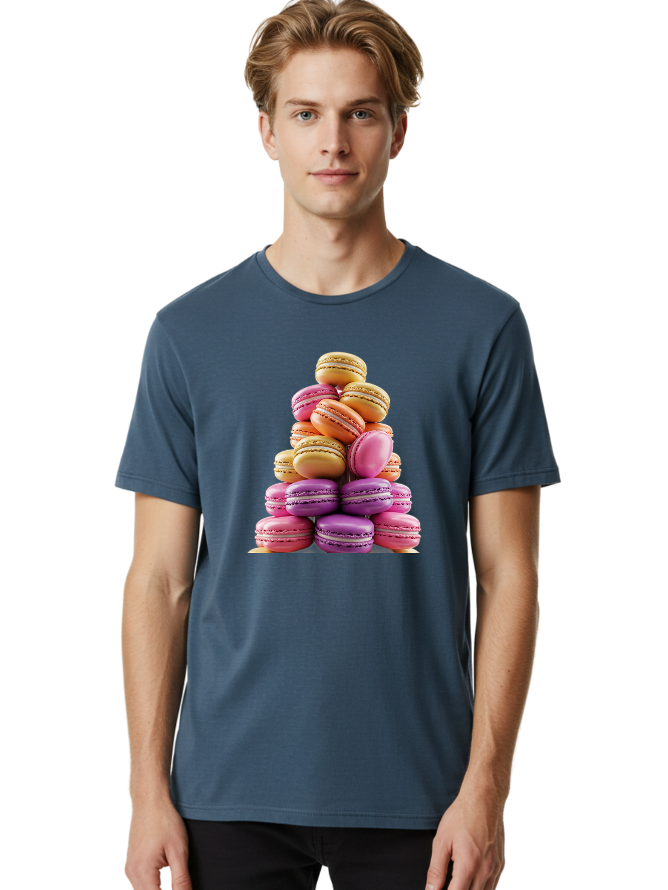 Macaron-Tower-2 Men'S Graphic Tee, 100% Cotton, Comfortable Casual Summer Wear, Machine Washable, Stack Of Macarons, Colorful Macarons, Pastel Colors, Dessert Display, Sweet Treats, French Patisserie, Macaron Stack, Pastel Pink, Purple, Baa940