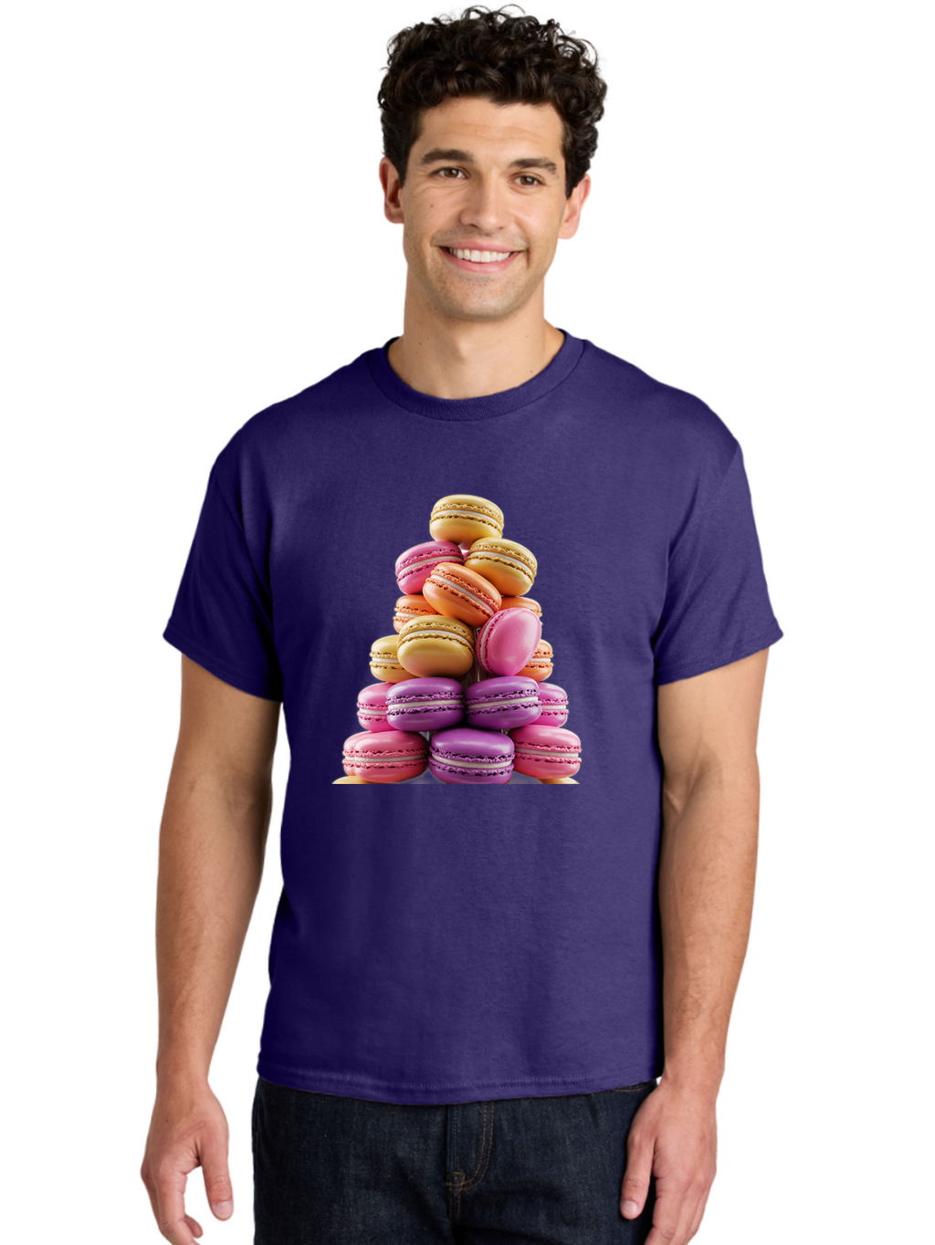 Macaron-Tower-2 Men'S Graphic Tee, 100% Cotton, Comfortable Casual Summer Wear, Machine Washable, Stack Of Macarons, Colorful Macarons, Pastel Colors, Dessert Display, Sweet Treats, French Patisserie, Macaron Stack, Pastel Pink, Purple, Baa940