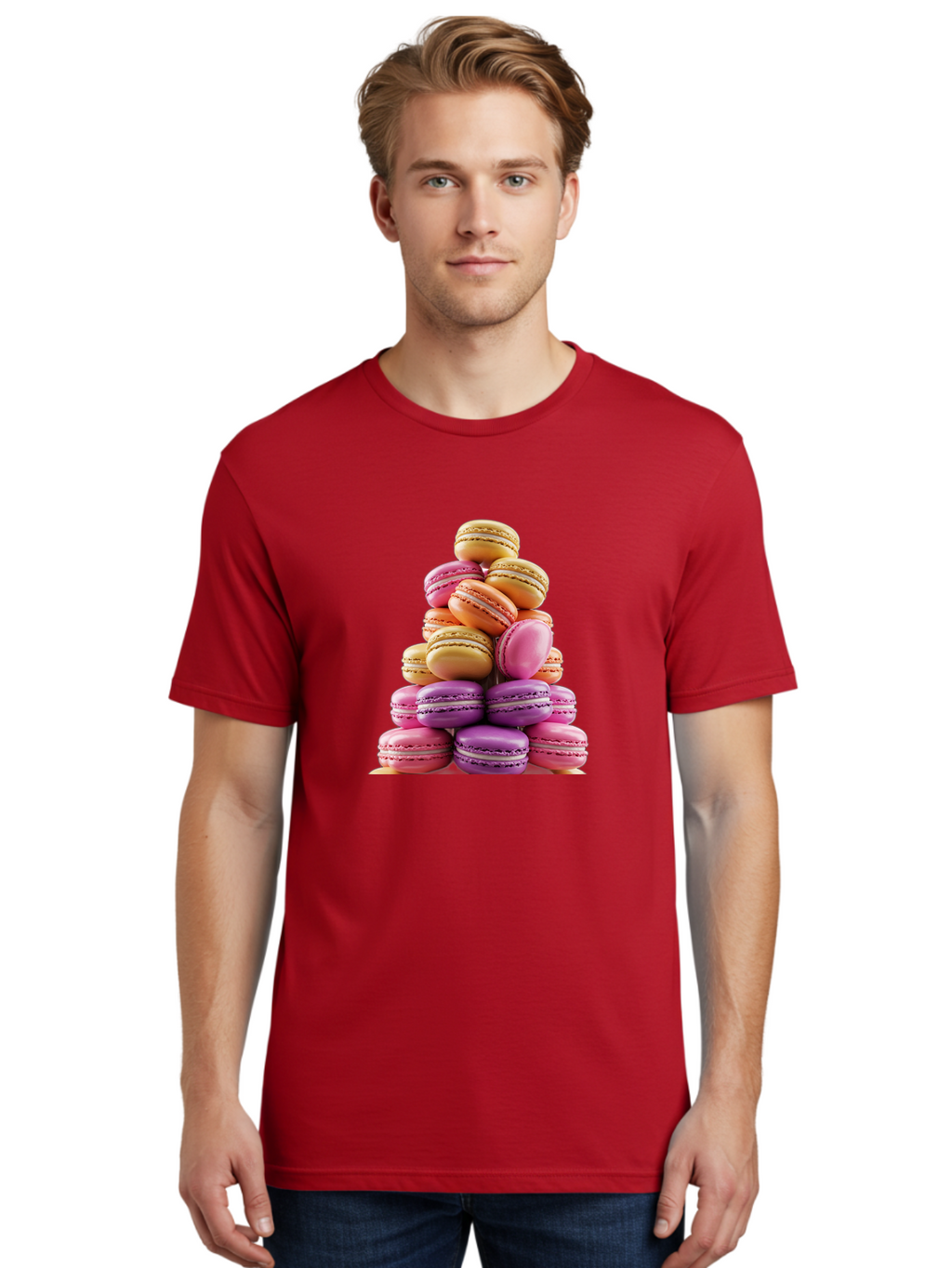 Macaron-Tower-2 Men'S Graphic Tee, 100% Cotton, Comfortable Casual Summer Wear, Machine Washable, Stack Of Macarons, Colorful Macarons, Pastel Colors, Dessert Display, Sweet Treats, French Patisserie, Macaron Stack, Pastel Pink, Purple, Baa940