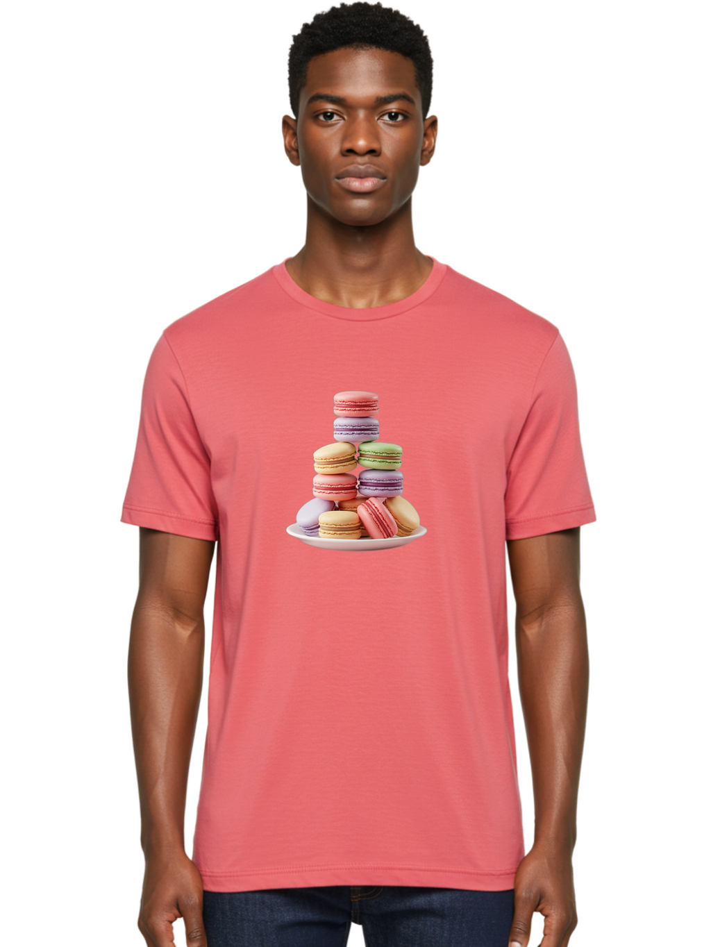 Macaron-Tower Men'S Graphic Tee, 100% Cotton, Comfortable Casual Summer Wear, Machine Washable, Colorful Macarons, Pastel Colors, Dessert Tower, French Patisserie, Sweet Treats, Macaron Stack, Vibrant Hues, Delicate Meringue, Baked Goods, Baa941