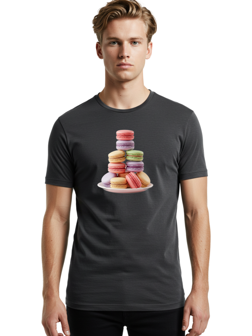Macaron-Tower Men'S Graphic Tee, 100% Cotton, Comfortable Casual Summer Wear, Machine Washable, Colorful Macarons, Pastel Colors, Dessert Tower, French Patisserie, Sweet Treats, Macaron Stack, Vibrant Hues, Delicate Meringue, Baked Goods, Baa941