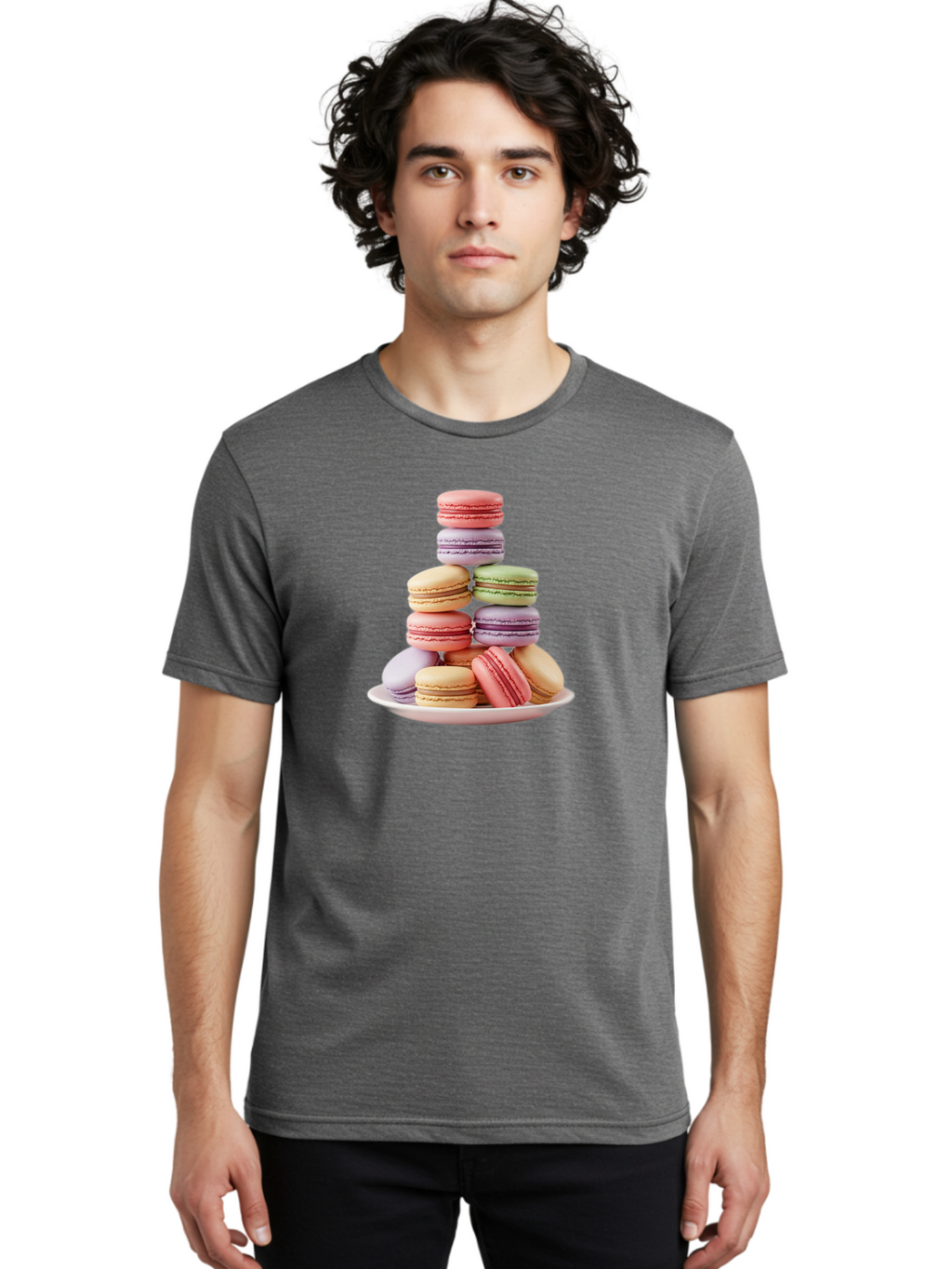 Macaron-Tower Men'S Graphic Tee, 100% Cotton, Comfortable Casual Summer Wear, Machine Washable, Colorful Macarons, Pastel Colors, Dessert Tower, French Patisserie, Sweet Treats, Macaron Stack, Vibrant Hues, Delicate Meringue, Baked Goods, Baa941