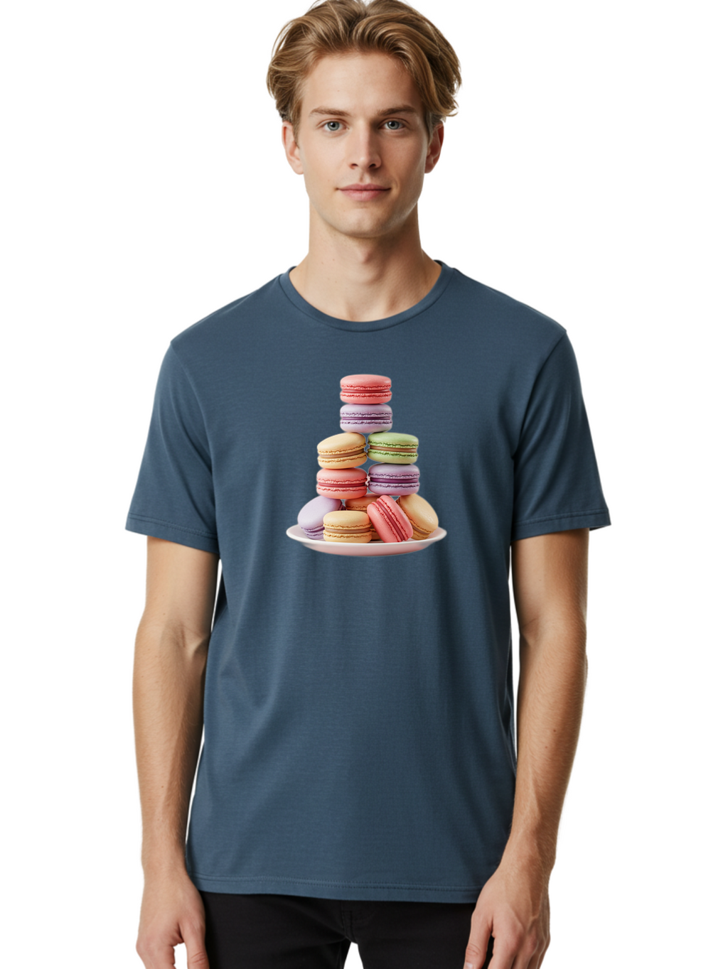 Macaron-Tower Men'S Graphic Tee, 100% Cotton, Comfortable Casual Summer Wear, Machine Washable, Colorful Macarons, Pastel Colors, Dessert Tower, French Patisserie, Sweet Treats, Macaron Stack, Vibrant Hues, Delicate Meringue, Baked Goods, Baa941