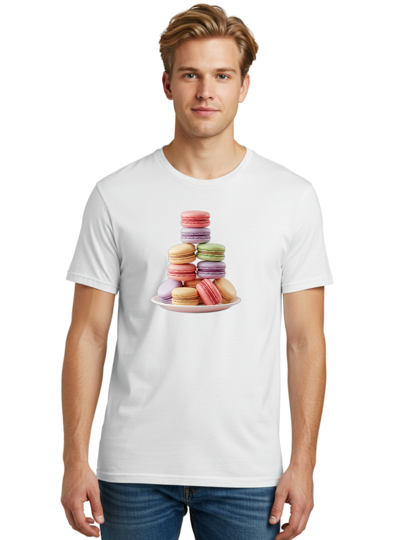Macaron-Tower Men'S Graphic Tee, 100% Cotton, Comfortable Casual Summer Wear, Machine Washable, Colorful Macarons, Pastel Colors, Dessert Tower, French Patisserie, Sweet Treats, Macaron Stack, Vibrant Hues, Delicate Meringue, Baked Goods, Baa941