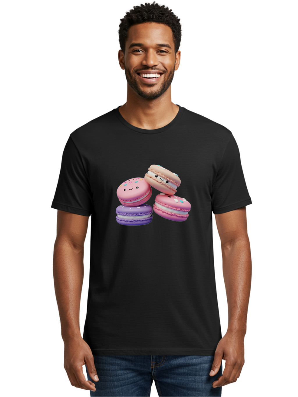 Macarons-1 Men'S Graphic Tee, 100% Cotton, Comfortable Casual Summer Wear, Machine Washable, Colorful Macarons, Pink Macarons, Purple Macarons, White Filling, Cute Faces, Cartoon Desserts, Sweet Treats, Pastel Colors, Desserts With Faces, Baa943