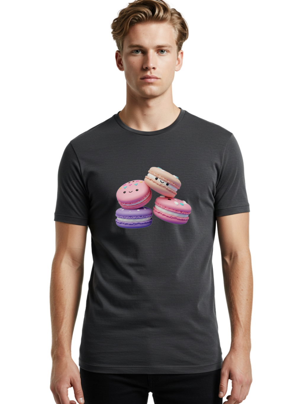 Macarons-1 Men'S Graphic Tee, 100% Cotton, Comfortable Casual Summer Wear, Machine Washable, Colorful Macarons, Pink Macarons, Purple Macarons, White Filling, Cute Faces, Cartoon Desserts, Sweet Treats, Pastel Colors, Desserts With Faces, Baa943