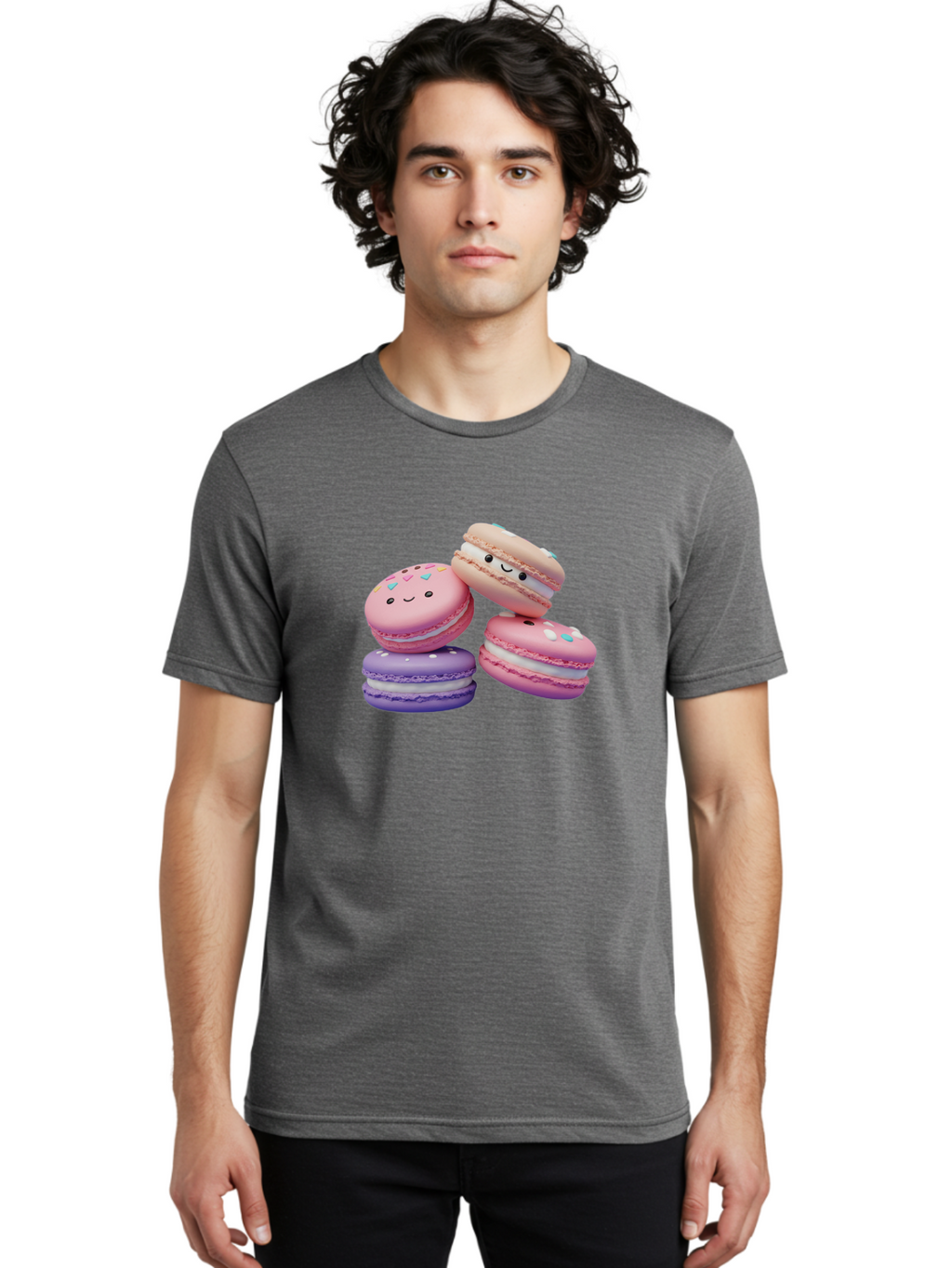 Macarons-1 Men'S Graphic Tee, 100% Cotton, Comfortable Casual Summer Wear, Machine Washable, Colorful Macarons, Pink Macarons, Purple Macarons, White Filling, Cute Faces, Cartoon Desserts, Sweet Treats, Pastel Colors, Desserts With Faces, Baa943