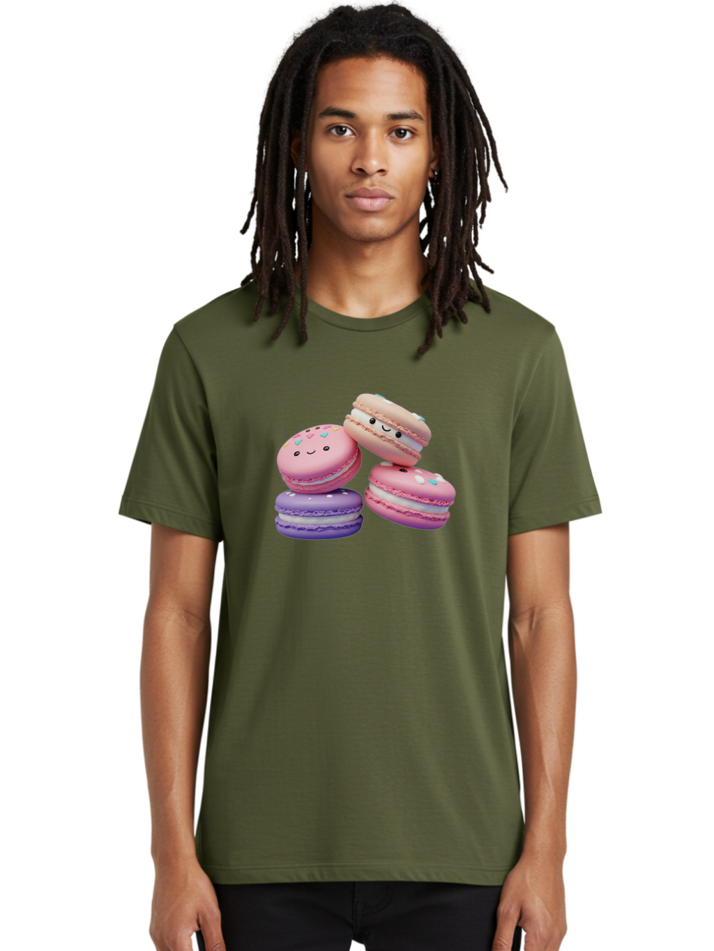 Macarons-1 Men'S Graphic Tee, 100% Cotton, Comfortable Casual Summer Wear, Machine Washable, Colorful Macarons, Pink Macarons, Purple Macarons, White Filling, Cute Faces, Cartoon Desserts, Sweet Treats, Pastel Colors, Desserts With Faces, Baa943