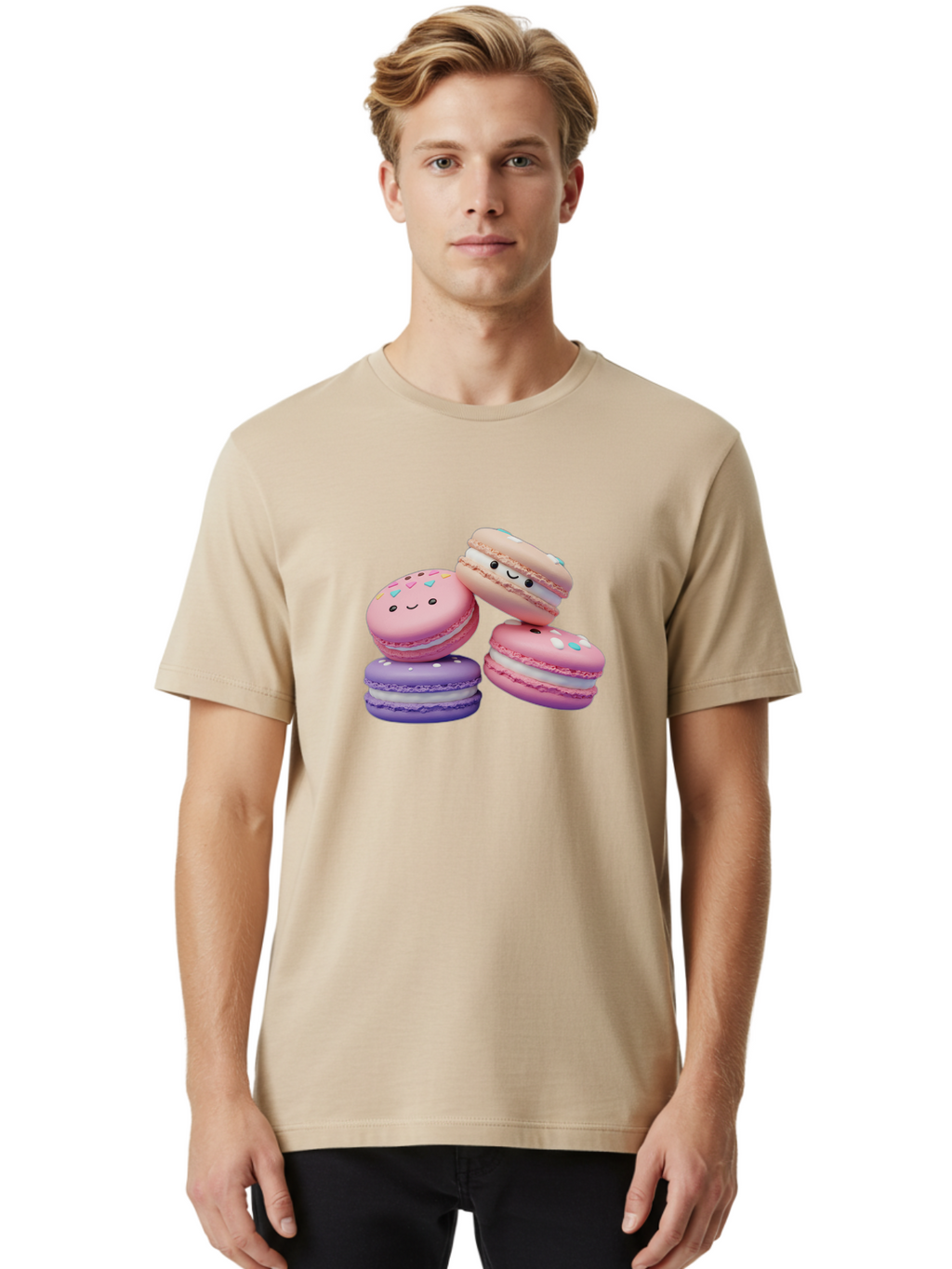 Macarons-1 Men'S Graphic Tee, 100% Cotton, Comfortable Casual Summer Wear, Machine Washable, Colorful Macarons, Pink Macarons, Purple Macarons, White Filling, Cute Faces, Cartoon Desserts, Sweet Treats, Pastel Colors, Desserts With Faces, Baa943