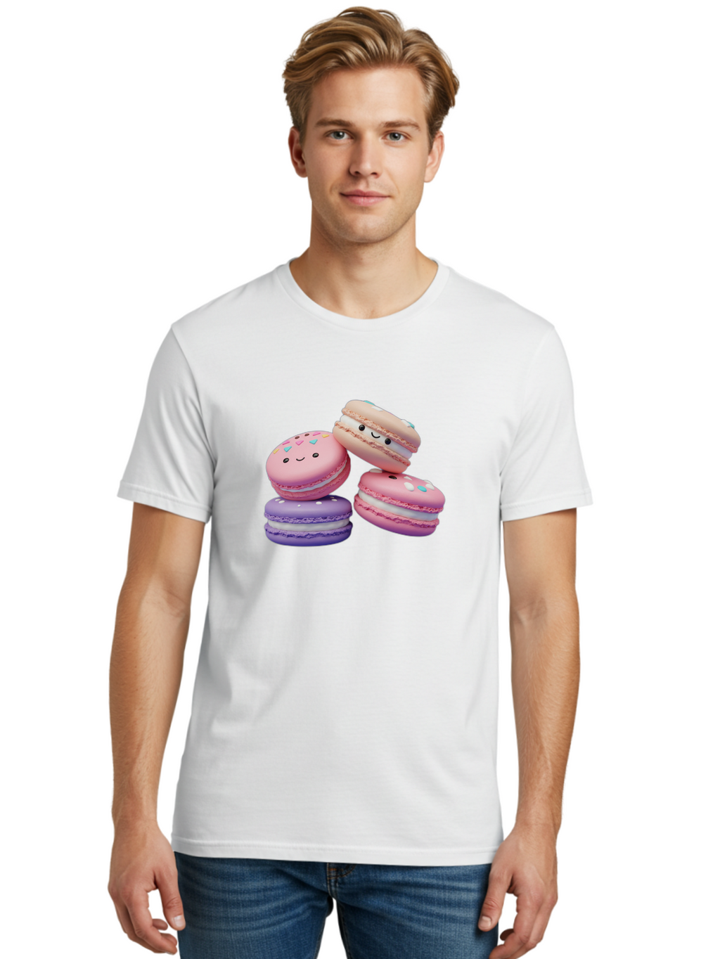 Macarons-1 Men'S Graphic Tee, 100% Cotton, Comfortable Casual Summer Wear, Machine Washable, Colorful Macarons, Pink Macarons, Purple Macarons, White Filling, Cute Faces, Cartoon Desserts, Sweet Treats, Pastel Colors, Desserts With Faces, Baa943