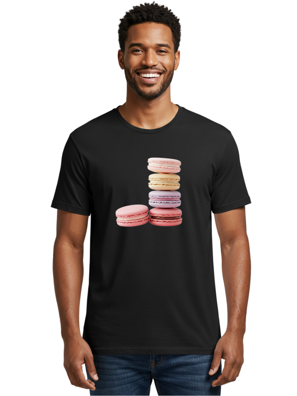Macarons-3 Men'S Graphic Tee, 100% Cotton, Comfortable Casual Summer Wear, Machine Washable, Stacked Macarons, Pastel Colors, Pink, Purple, Beige, Dessert, Sweet Treats, French Macarons, Delicate Meringue-Based Cookies, Creamy Fillings, Baa947