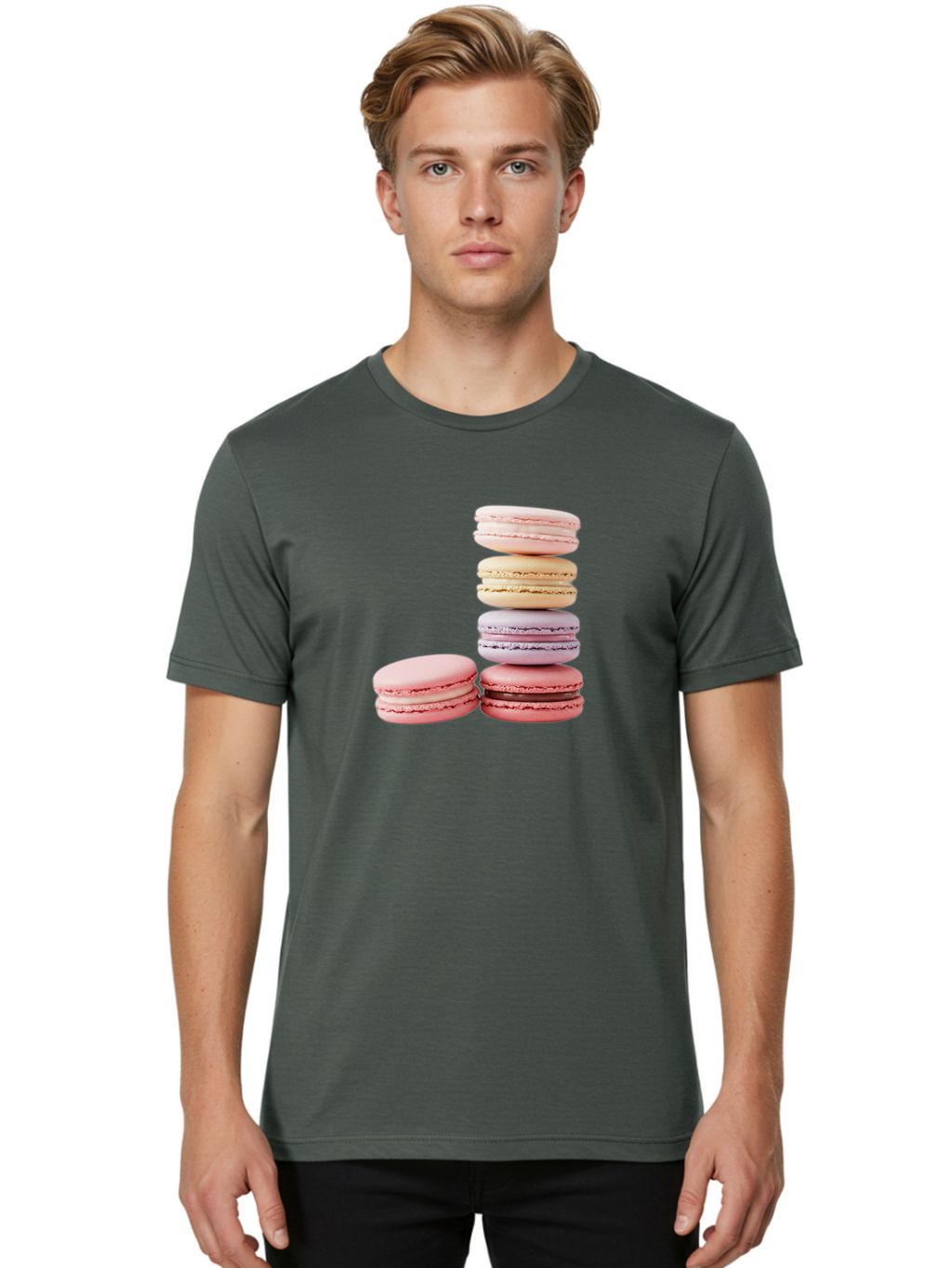 Macarons-3 Men'S Graphic Tee, 100% Cotton, Comfortable Casual Summer Wear, Machine Washable, Stacked Macarons, Pastel Colors, Pink, Purple, Beige, Dessert, Sweet Treats, French Macarons, Delicate Meringue-Based Cookies, Creamy Fillings, Baa947