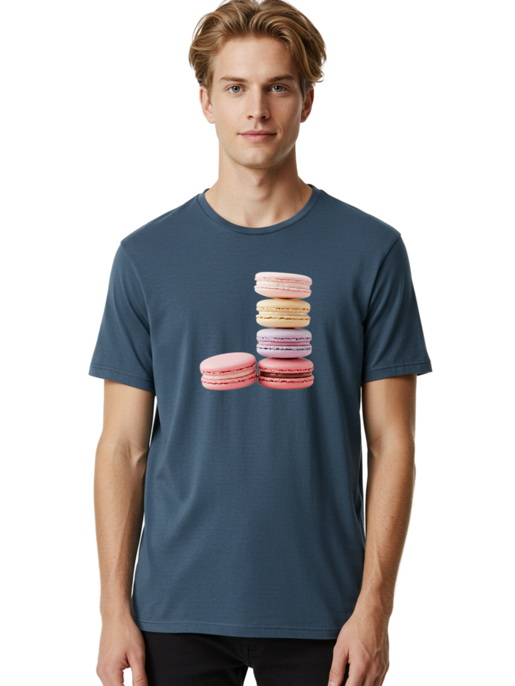 Macarons-3 Men'S Graphic Tee, 100% Cotton, Comfortable Casual Summer Wear, Machine Washable, Stacked Macarons, Pastel Colors, Pink, Purple, Beige, Dessert, Sweet Treats, French Macarons, Delicate Meringue-Based Cookies, Creamy Fillings, Baa947