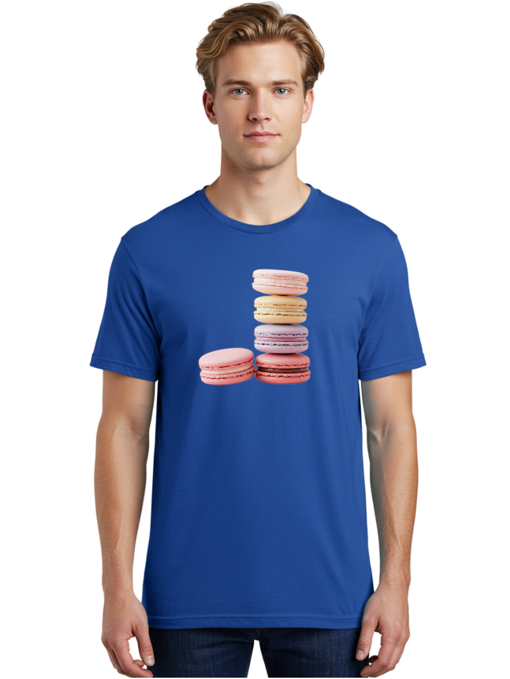 Macarons-3 Men'S Graphic Tee, 100% Cotton, Comfortable Casual Summer Wear, Machine Washable, Stacked Macarons, Pastel Colors, Pink, Purple, Beige, Dessert, Sweet Treats, French Macarons, Delicate Meringue-Based Cookies, Creamy Fillings, Baa947