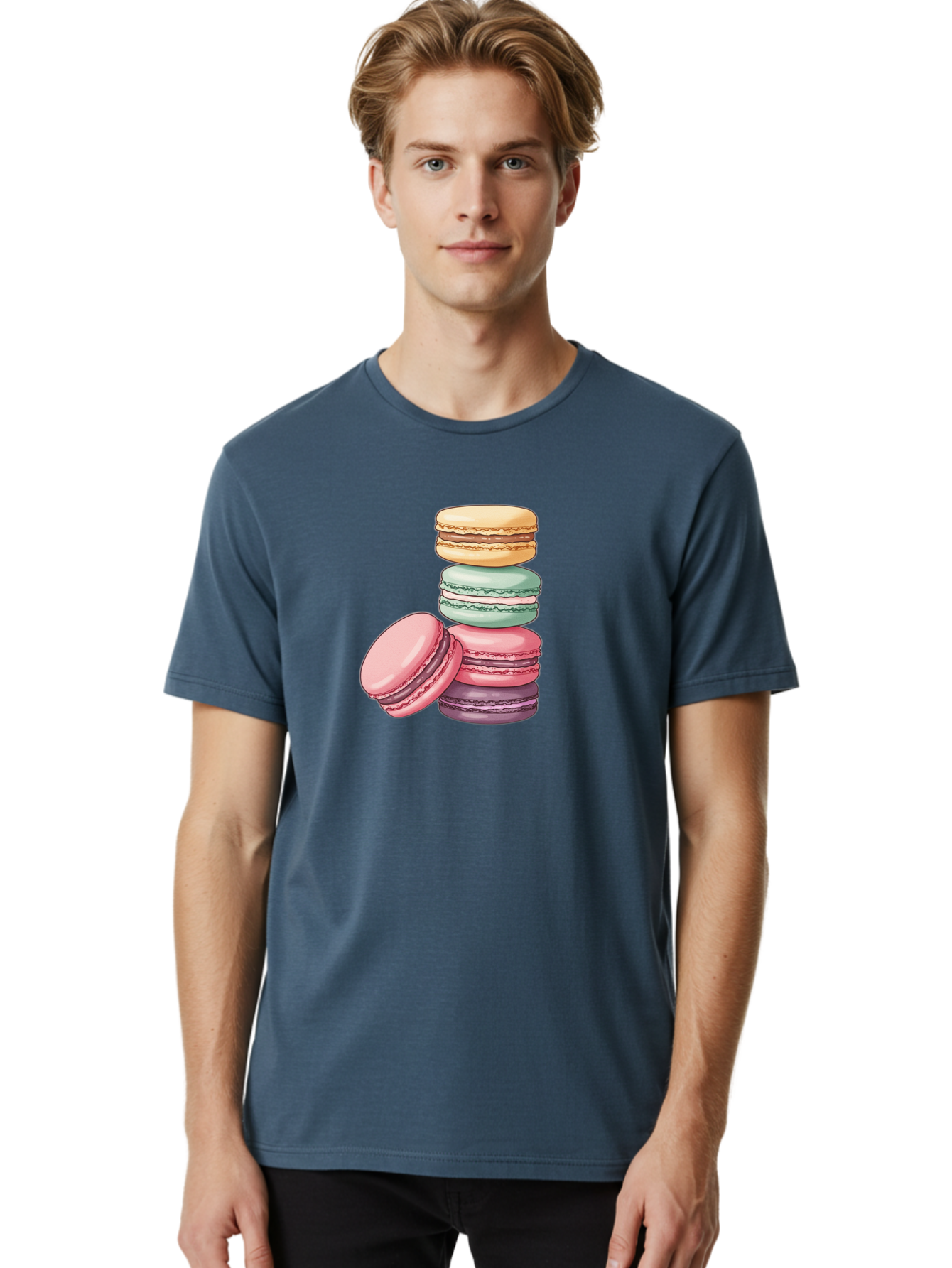 Macarons-4 Men'S Graphic Tee, 100% Cotton, Comfortable Casual Summer Wear, Machine Washable, Stack Of Colorful Macarons, Pastel Colors, Sweet Treats, Dessert, Baked Goods, French Patisserie, Macaron Stack, French Dessert, Colorful Sweets, Baa948