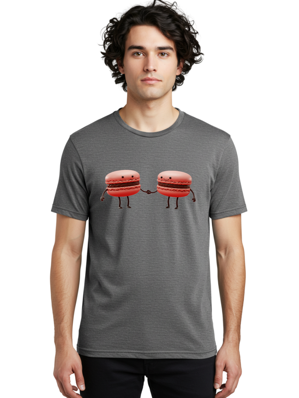 Macarons-6 Men'S Graphic Tee, 100% Cotton, Comfortable Casual Summer Wear, Machine Washable, Cartoon Macarons, Holding Hands, French Dessert, Sweet Treats, Adorable Characters, Whimsical Design, Playful Illustration, Pink Macarons, Baa950
