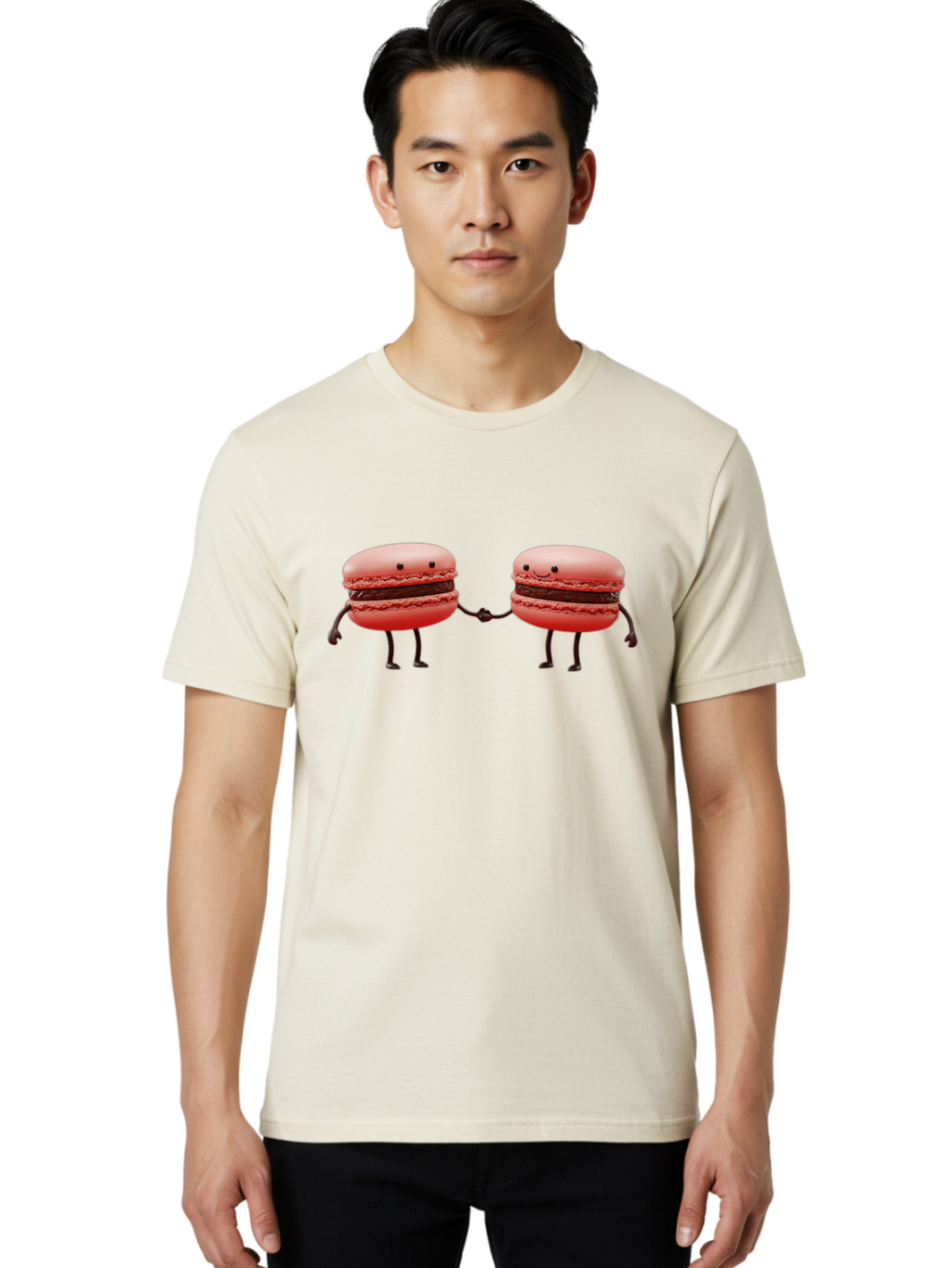 Macarons-6 Men'S Graphic Tee, 100% Cotton, Comfortable Casual Summer Wear, Machine Washable, Cartoon Macarons, Holding Hands, French Dessert, Sweet Treats, Adorable Characters, Whimsical Design, Playful Illustration, Pink Macarons, Baa950