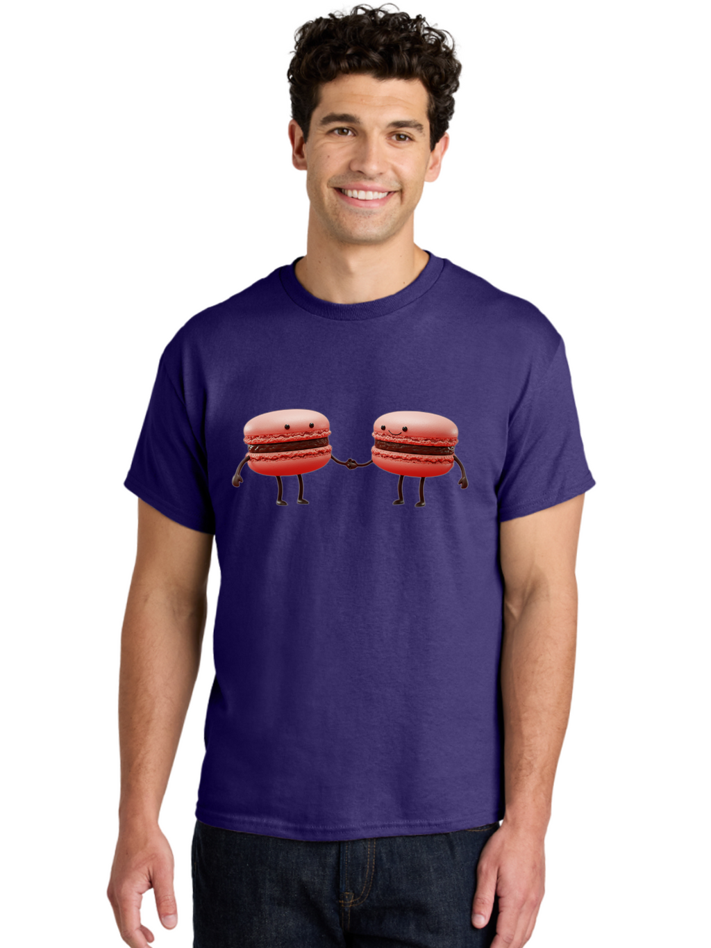 Macarons-6 Men'S Graphic Tee, 100% Cotton, Comfortable Casual Summer Wear, Machine Washable, Cartoon Macarons, Holding Hands, French Dessert, Sweet Treats, Adorable Characters, Whimsical Design, Playful Illustration, Pink Macarons, Baa950