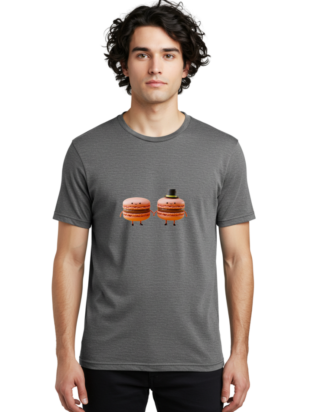 Macarons-7 Men'S Graphic Tee, 100% Cotton, Comfortable Casual Summer Wear, Machine Washable, Pink Macarons, Cartoon Characters, Holding Hands, Black Top Hat, Sweet Treats, Desserts, Whimsical, Playful, Anthropomorphic, Cute, Funny, Baa951