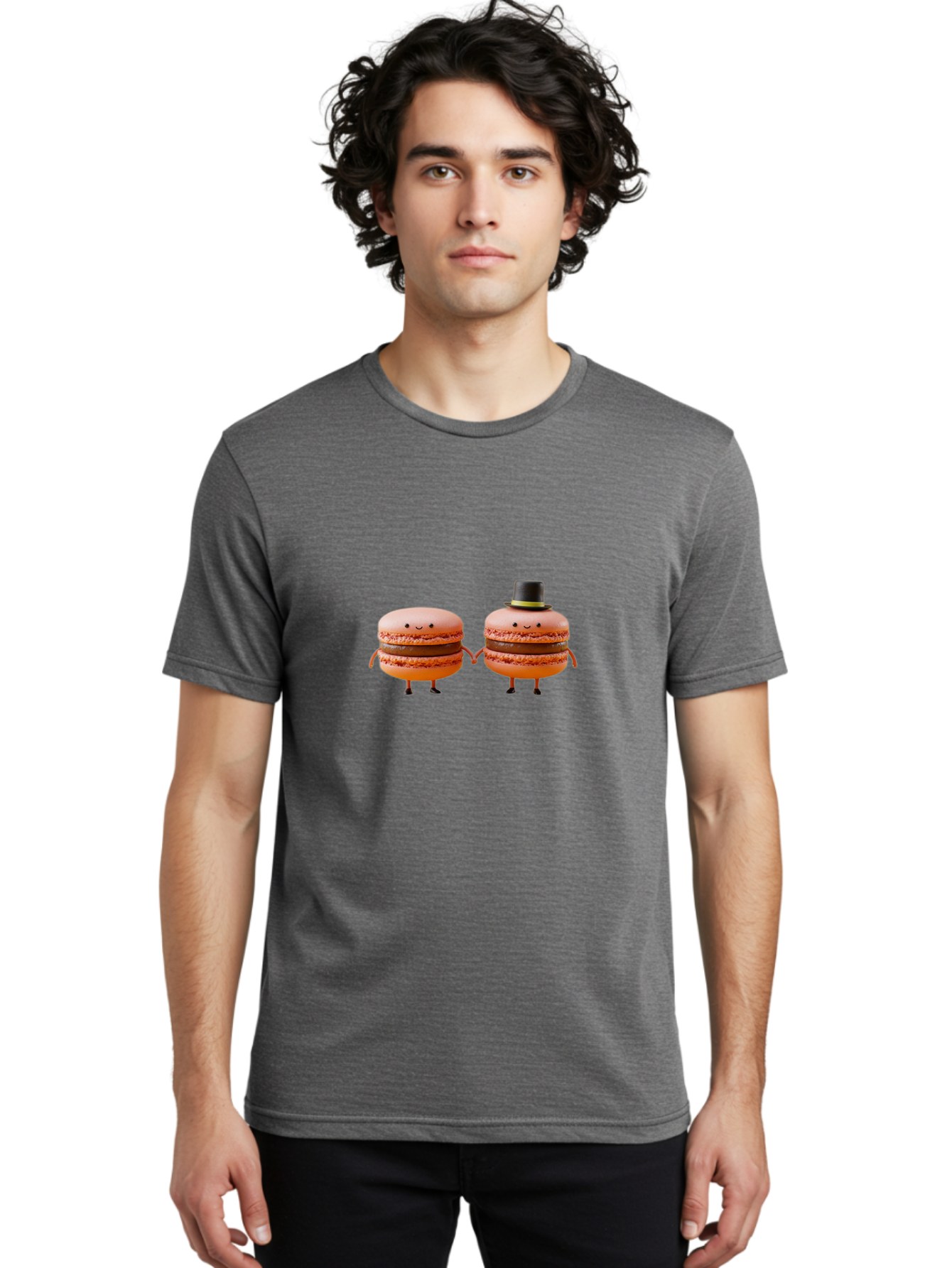 Macarons-7 Men'S Graphic Tee, 100% Cotton, Comfortable Casual Summer Wear, Machine Washable, Pink Macarons, Cartoon Characters, Holding Hands, Black Top Hat, Sweet Treats, Desserts, Whimsical, Playful, Anthropomorphic, Cute, Funny, Baa951