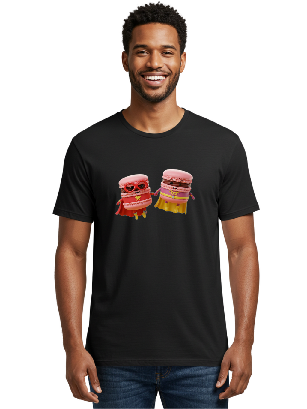 Macarons-8 Men'S Graphic Tee, 100% Cotton, Comfortable Casual Summer Wear, Machine Washable, Superhero Macarons, Macaron Characters, Pink Macarons, Superhero Costumes, Whimsical Desserts, Fantasy Food, Colorful Treats, Macaron Superheroes, Baa952