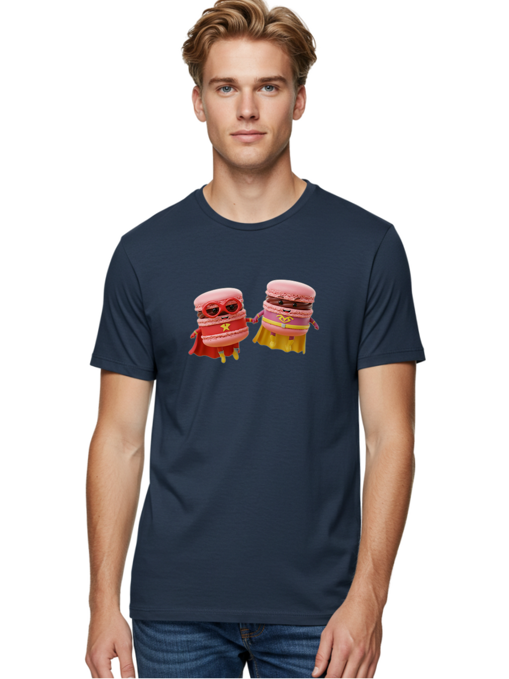 Macarons-8 Men'S Graphic Tee, 100% Cotton, Comfortable Casual Summer Wear, Machine Washable, Superhero Macarons, Macaron Characters, Pink Macarons, Superhero Costumes, Whimsical Desserts, Fantasy Food, Colorful Treats, Macaron Superheroes, Baa952