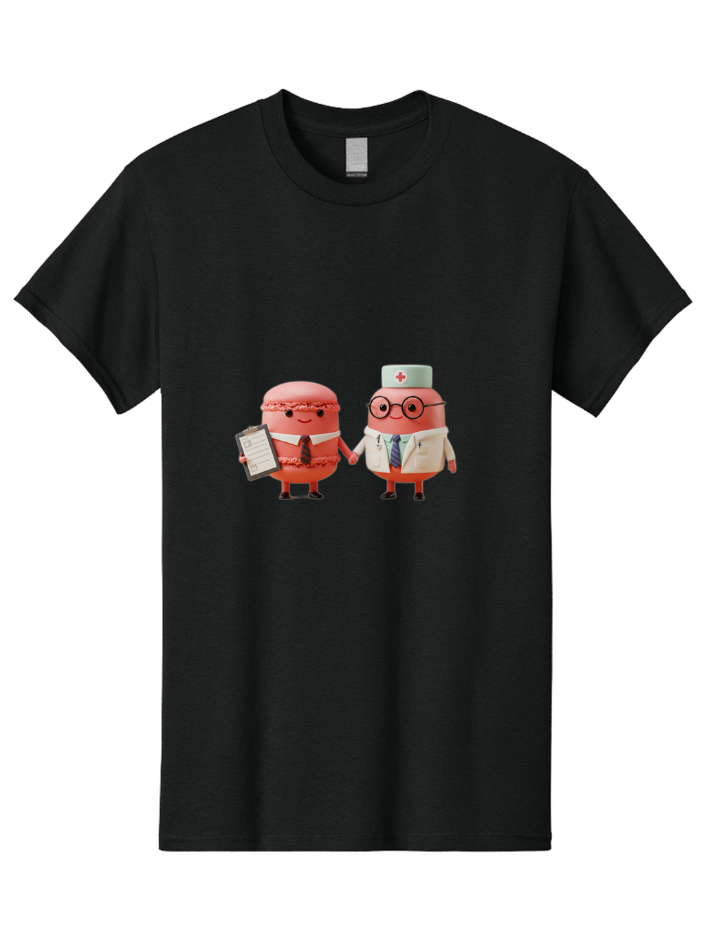 Macarons-9 Men'S Graphic Tee, 100% Cotton, Comfortable Casual Summer Wear, Machine Washable, Macarons As Professionals, Doctor And Office Worker, Cartoon Characters, Pink Macarons, Business Attire, Medical Uniform, Holding Hands, Happy Faces, Baa953