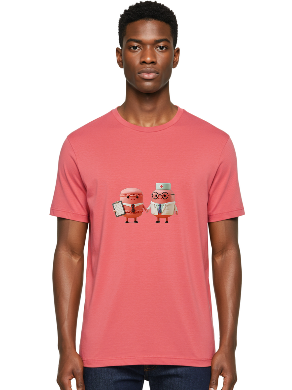 Macarons-9 Men'S Graphic Tee, 100% Cotton, Comfortable Casual Summer Wear, Machine Washable, Macarons As Professionals, Doctor And Office Worker, Cartoon Characters, Pink Macarons, Business Attire, Medical Uniform, Holding Hands, Happy Faces, Baa953