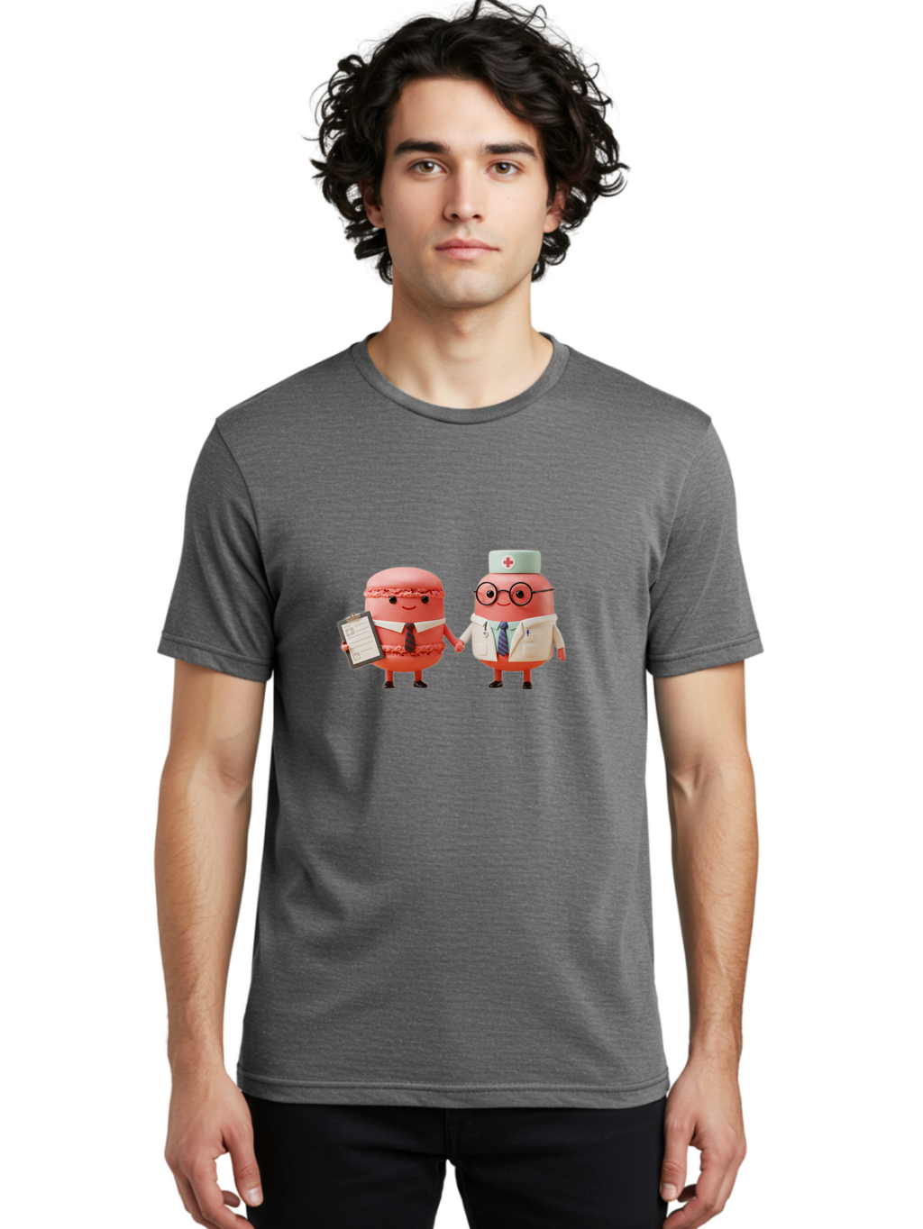 Macarons-9 Men'S Graphic Tee, 100% Cotton, Comfortable Casual Summer Wear, Machine Washable, Macarons As Professionals, Doctor And Office Worker, Cartoon Characters, Pink Macarons, Business Attire, Medical Uniform, Holding Hands, Happy Faces, Baa953