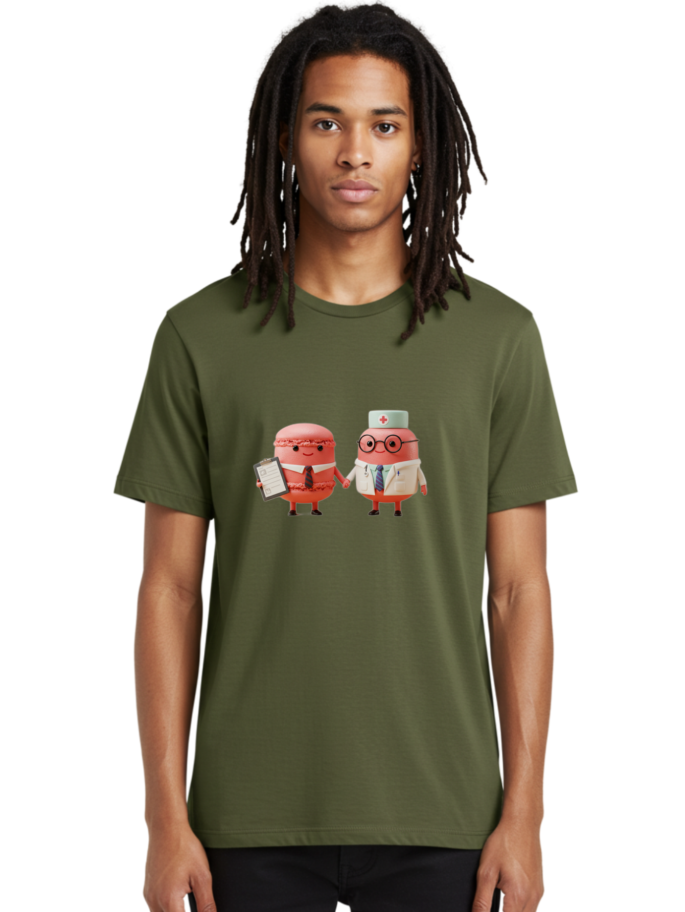 Macarons-9 Men'S Graphic Tee, 100% Cotton, Comfortable Casual Summer Wear, Machine Washable, Macarons As Professionals, Doctor And Office Worker, Cartoon Characters, Pink Macarons, Business Attire, Medical Uniform, Holding Hands, Happy Faces, Baa953