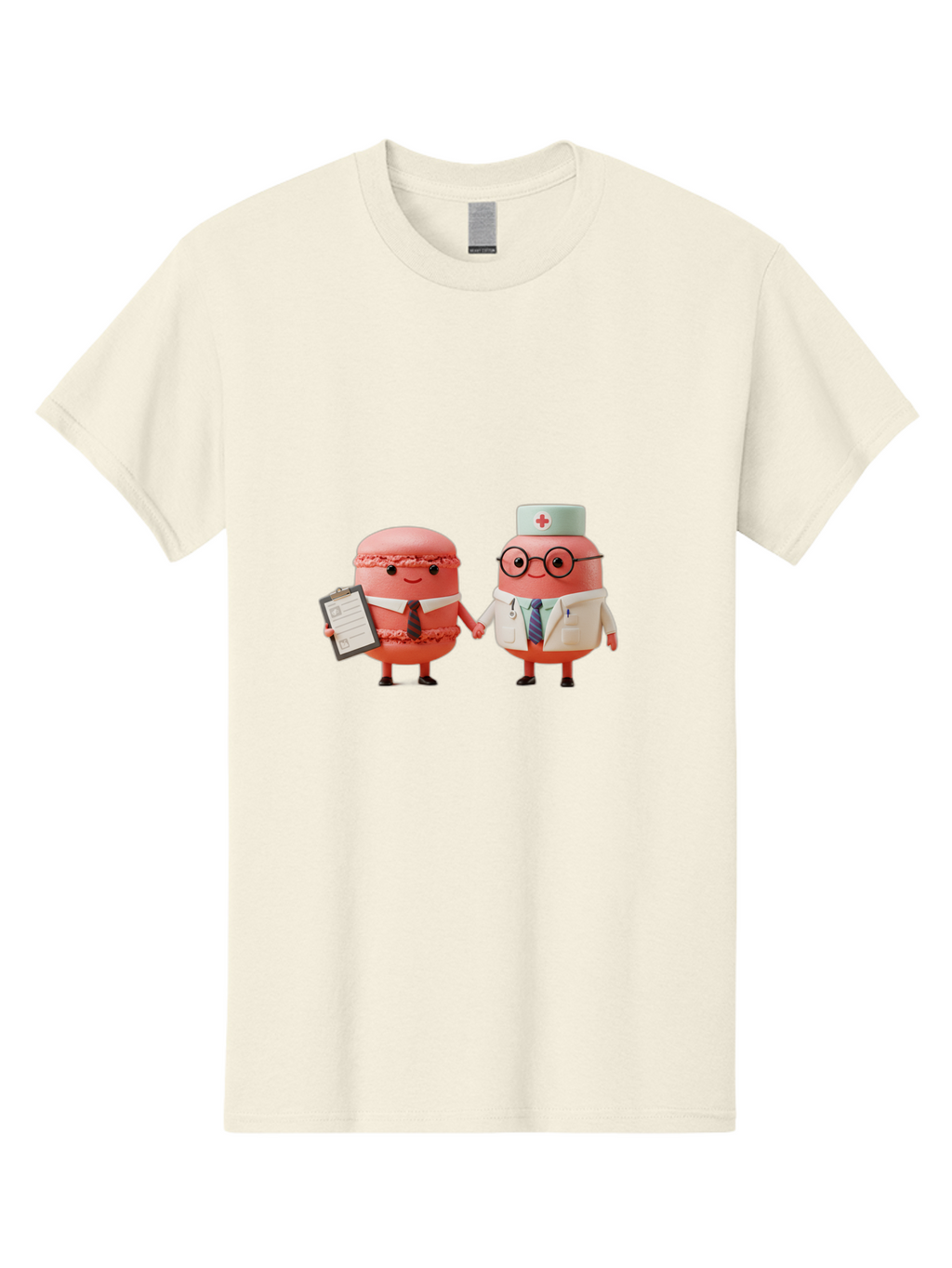 Macarons-9 Men'S Graphic Tee, 100% Cotton, Comfortable Casual Summer Wear, Machine Washable, Macarons As Professionals, Doctor And Office Worker, Cartoon Characters, Pink Macarons, Business Attire, Medical Uniform, Holding Hands, Happy Faces, Baa953