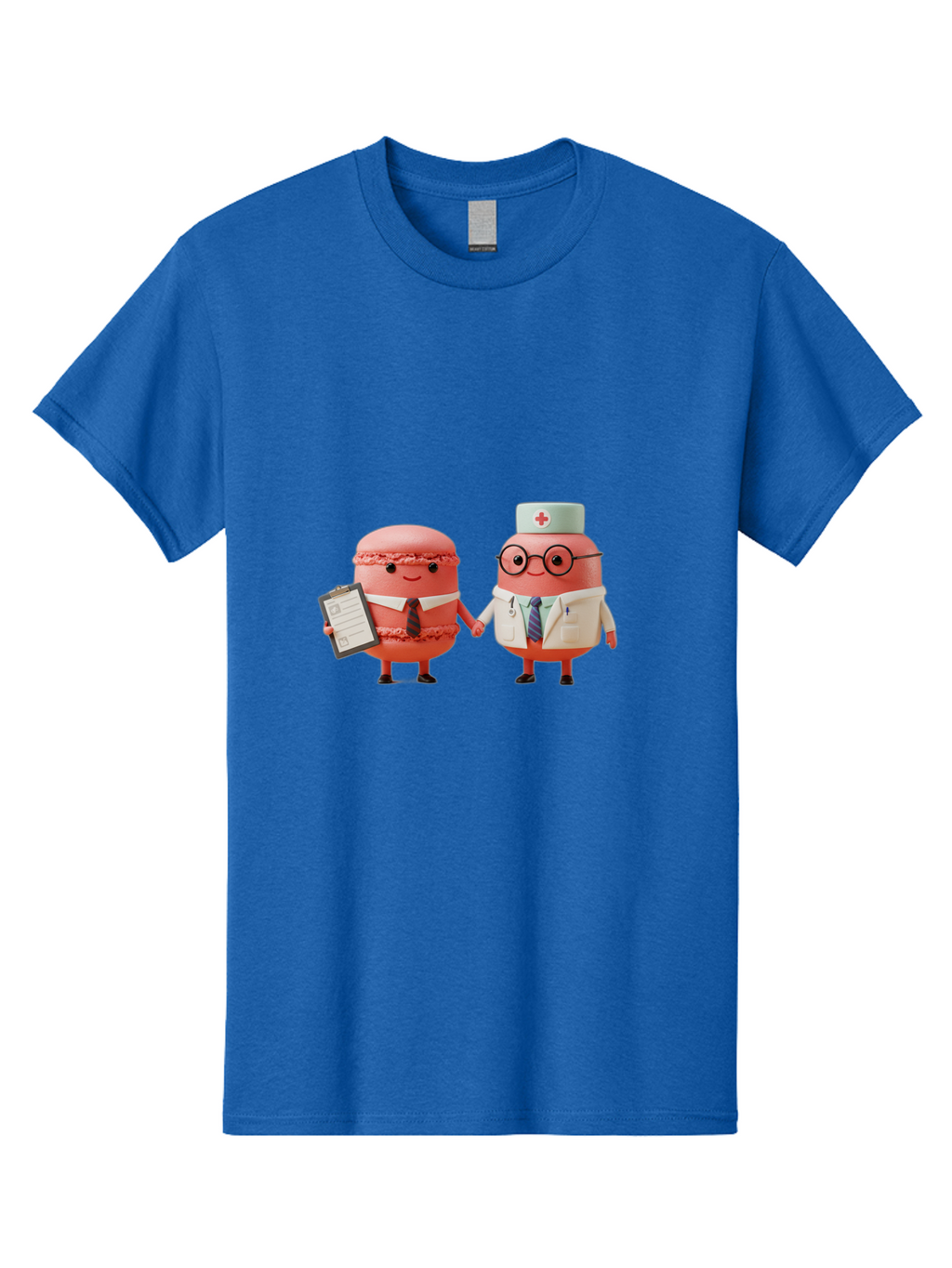 Macarons-9 Men'S Graphic Tee, 100% Cotton, Comfortable Casual Summer Wear, Machine Washable, Macarons As Professionals, Doctor And Office Worker, Cartoon Characters, Pink Macarons, Business Attire, Medical Uniform, Holding Hands, Happy Faces, Baa953