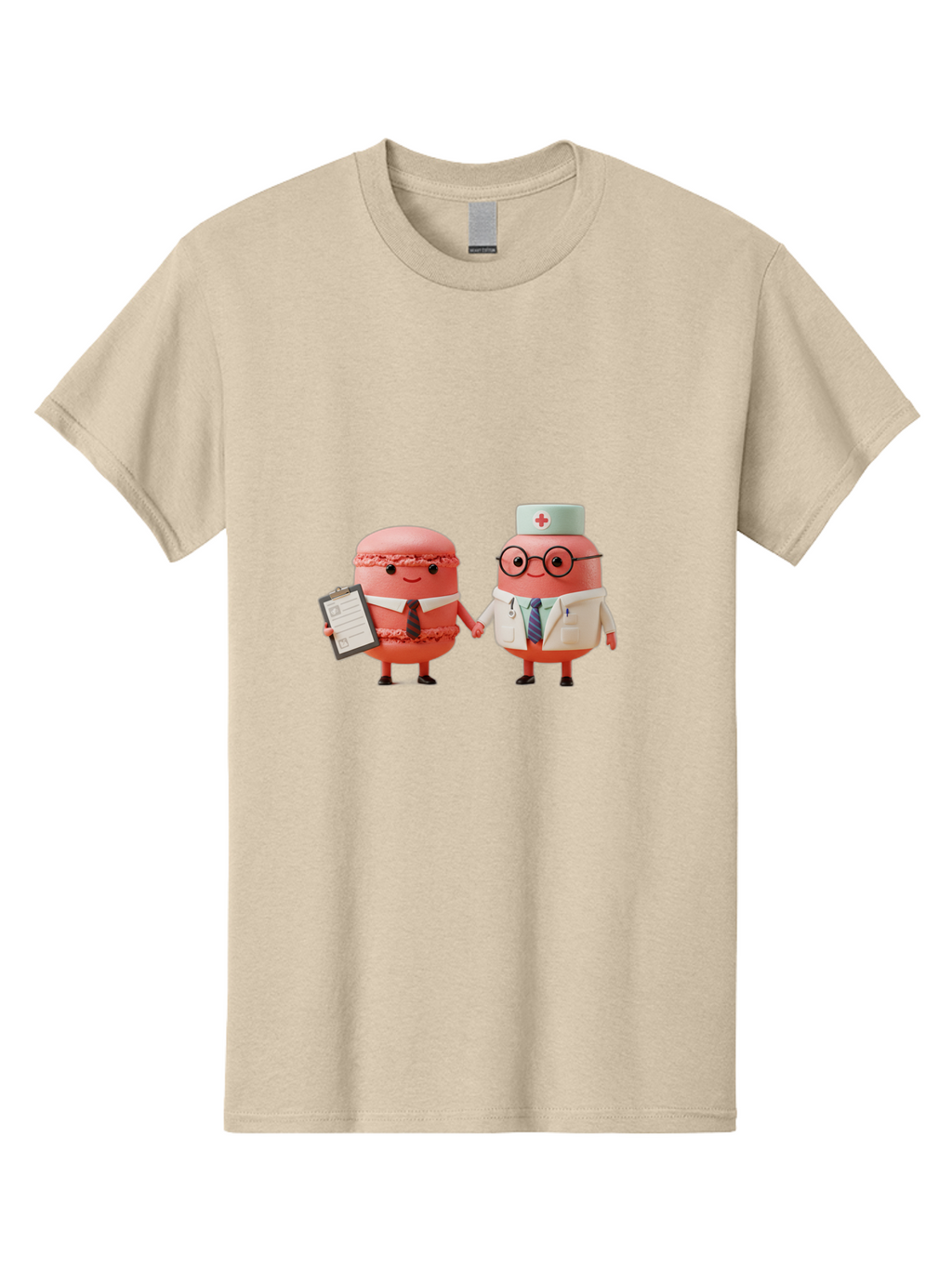 Macarons-9 Men'S Graphic Tee, 100% Cotton, Comfortable Casual Summer Wear, Machine Washable, Macarons As Professionals, Doctor And Office Worker, Cartoon Characters, Pink Macarons, Business Attire, Medical Uniform, Holding Hands, Happy Faces, Baa953
