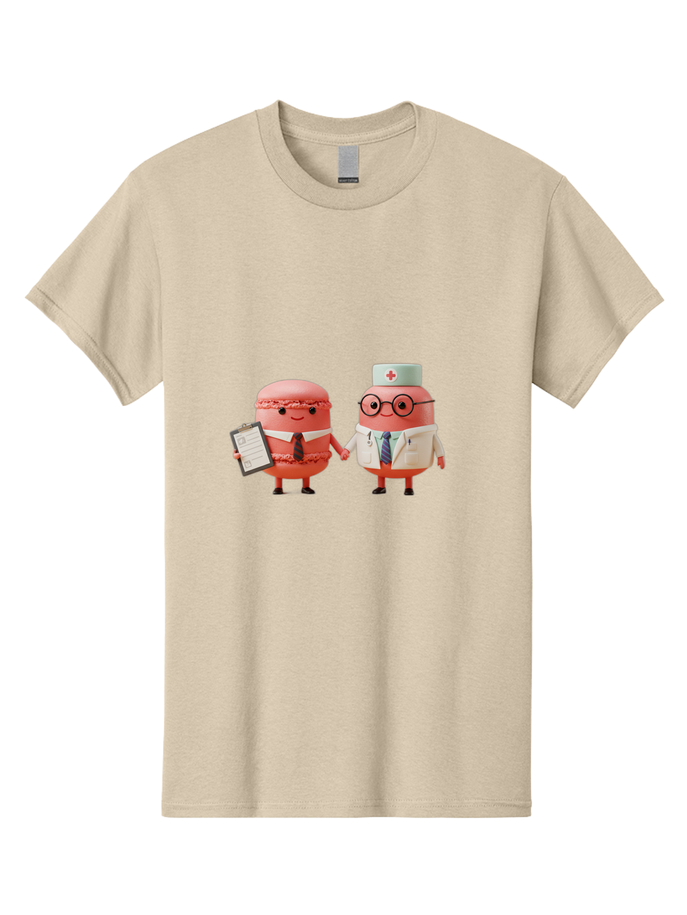 Macarons-9 Men'S Graphic Tee, 100% Cotton, Comfortable Casual Summer Wear, Machine Washable, Macarons As Professionals, Doctor And Office Worker, Cartoon Characters, Pink Macarons, Business Attire, Medical Uniform, Holding Hands, Happy Faces, Baa953